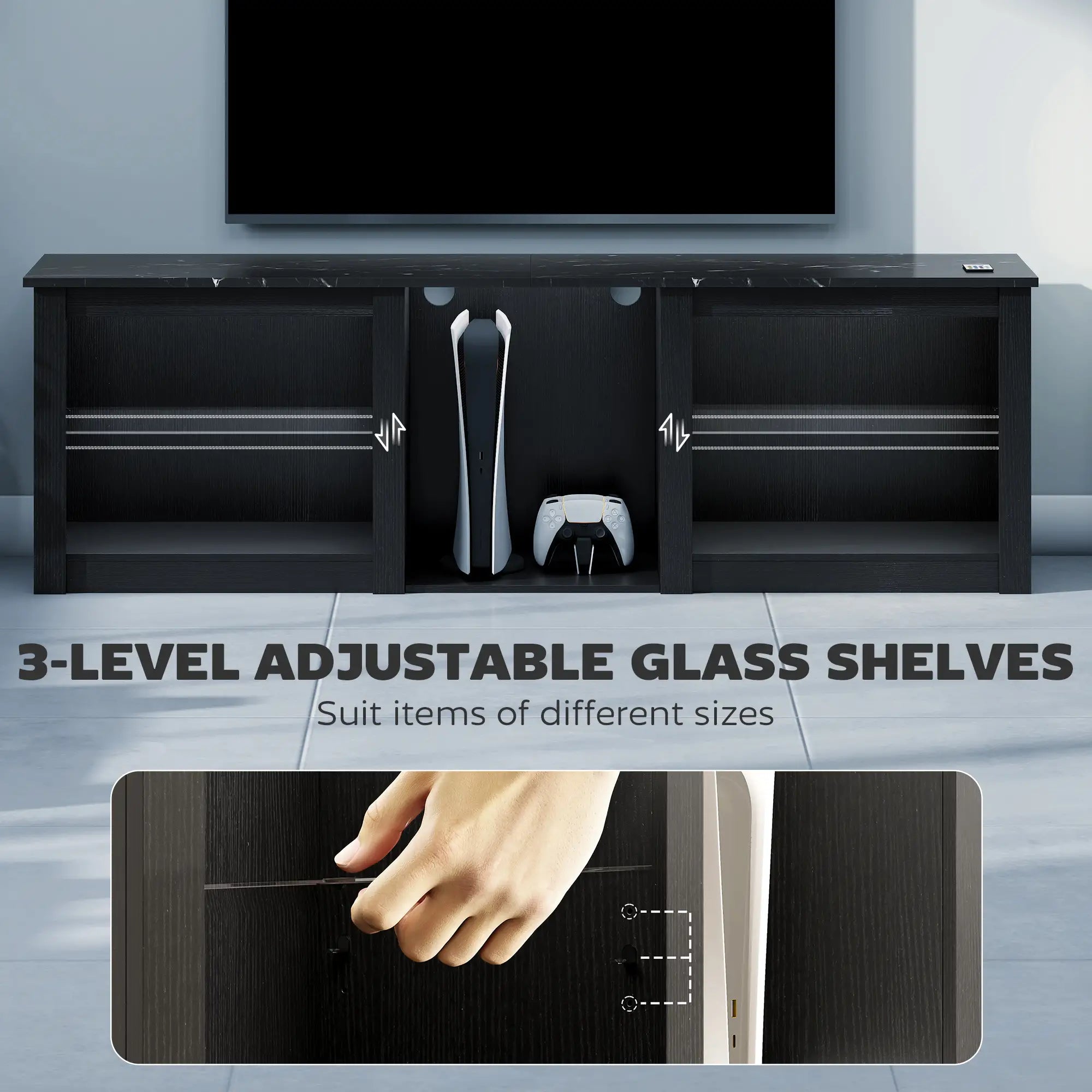 TV Stand With LED Lights, Adjustable Glass Shelves, For 65 Inch TVs, Black TV Stands at Gallery Canada