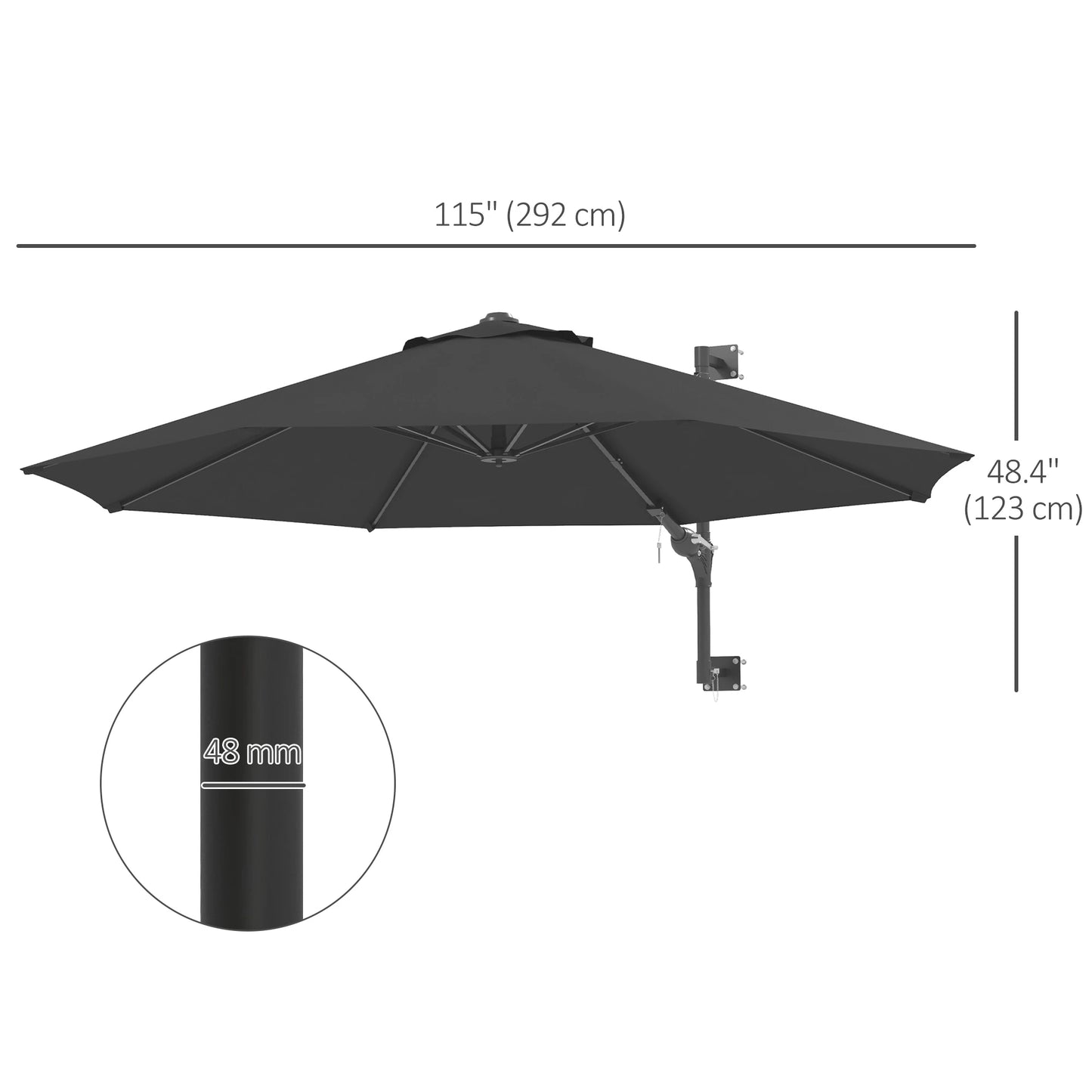 9.6 x 9.6 ft Wall Mounted Umbrella, Rotating Patio Parasol, Charcoal Grey Sun Umbrellas at Gallery Canada
