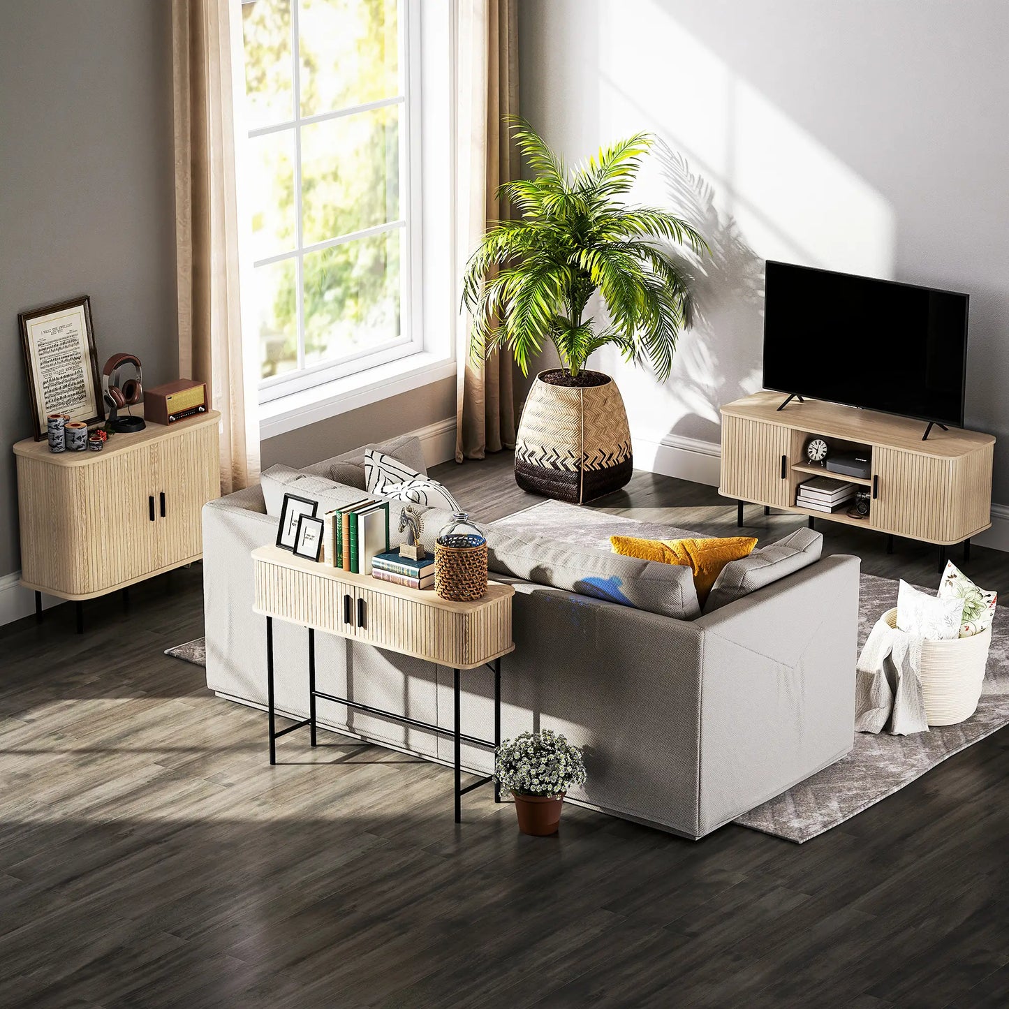 Mid-Century Narrow Console Table, Slatted Tambour Doors, Steel Legs, Oak, Black Console Tables at Gallery Canada