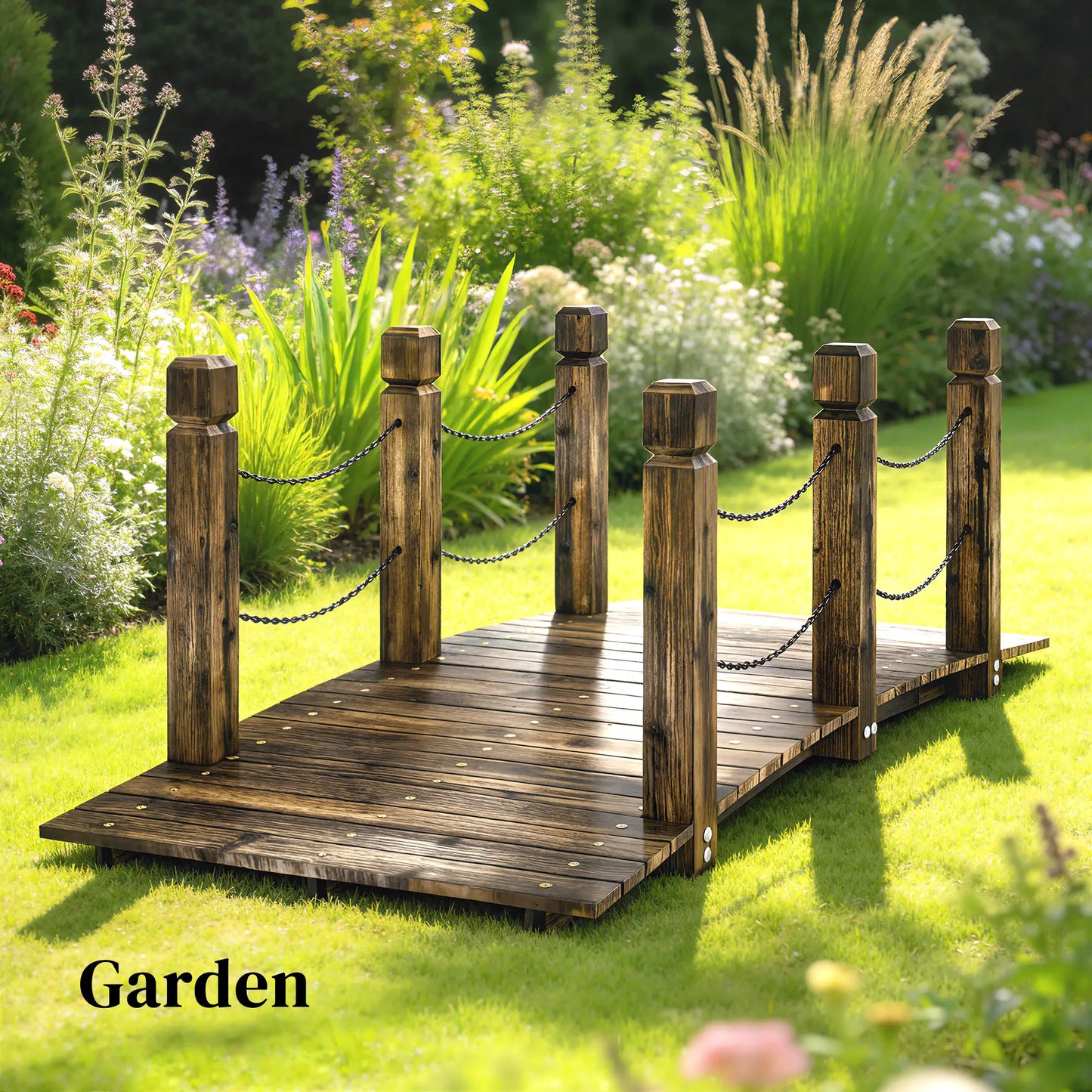 Garden Bridge, Carbonized Wood, Chain Handrails, 5ft Garden Decor at Gallery Canada
