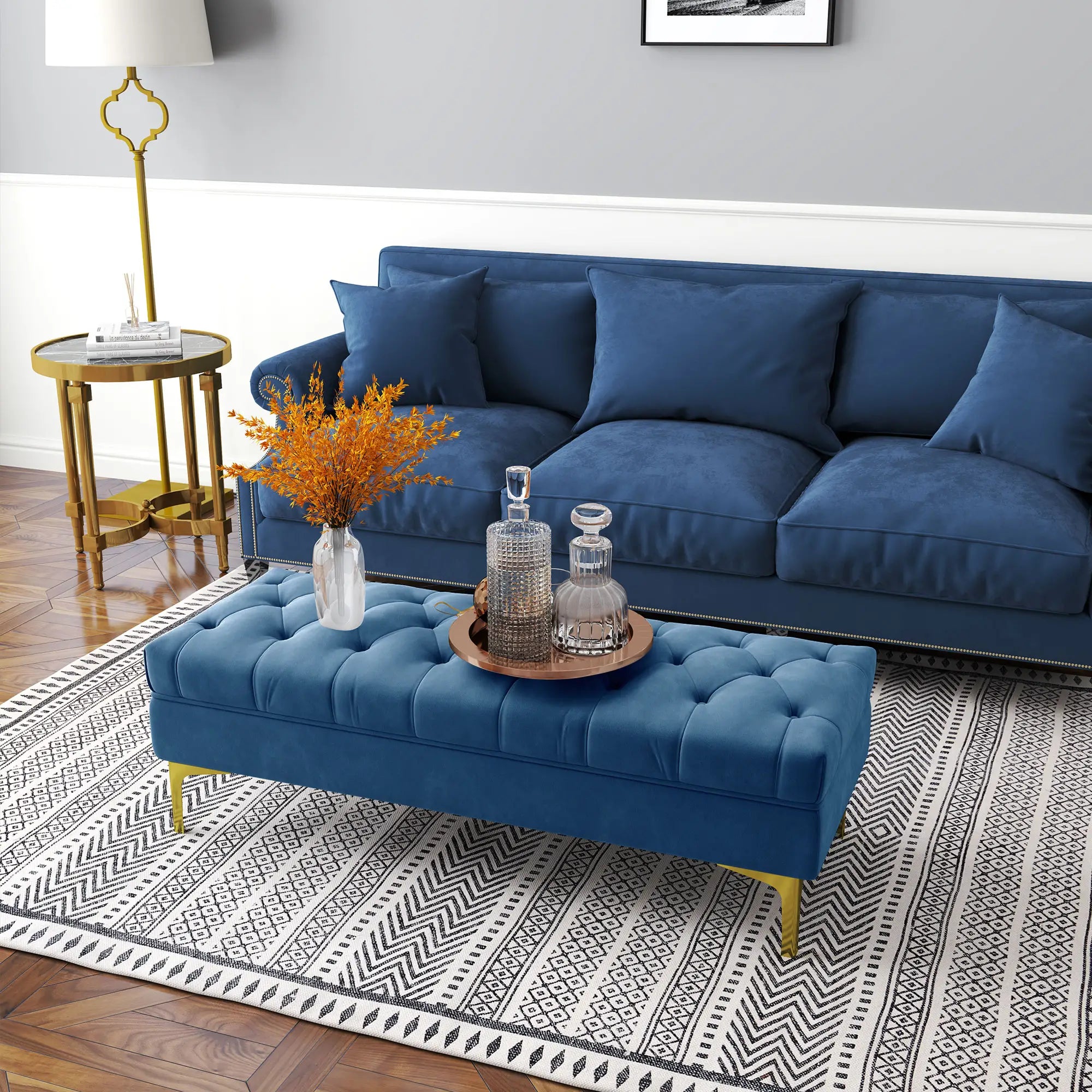 Upholstered End of Bed Bench, Button Tufted, 36 Inches, Blue Storage Ottomans & Benches at Gallery Canada