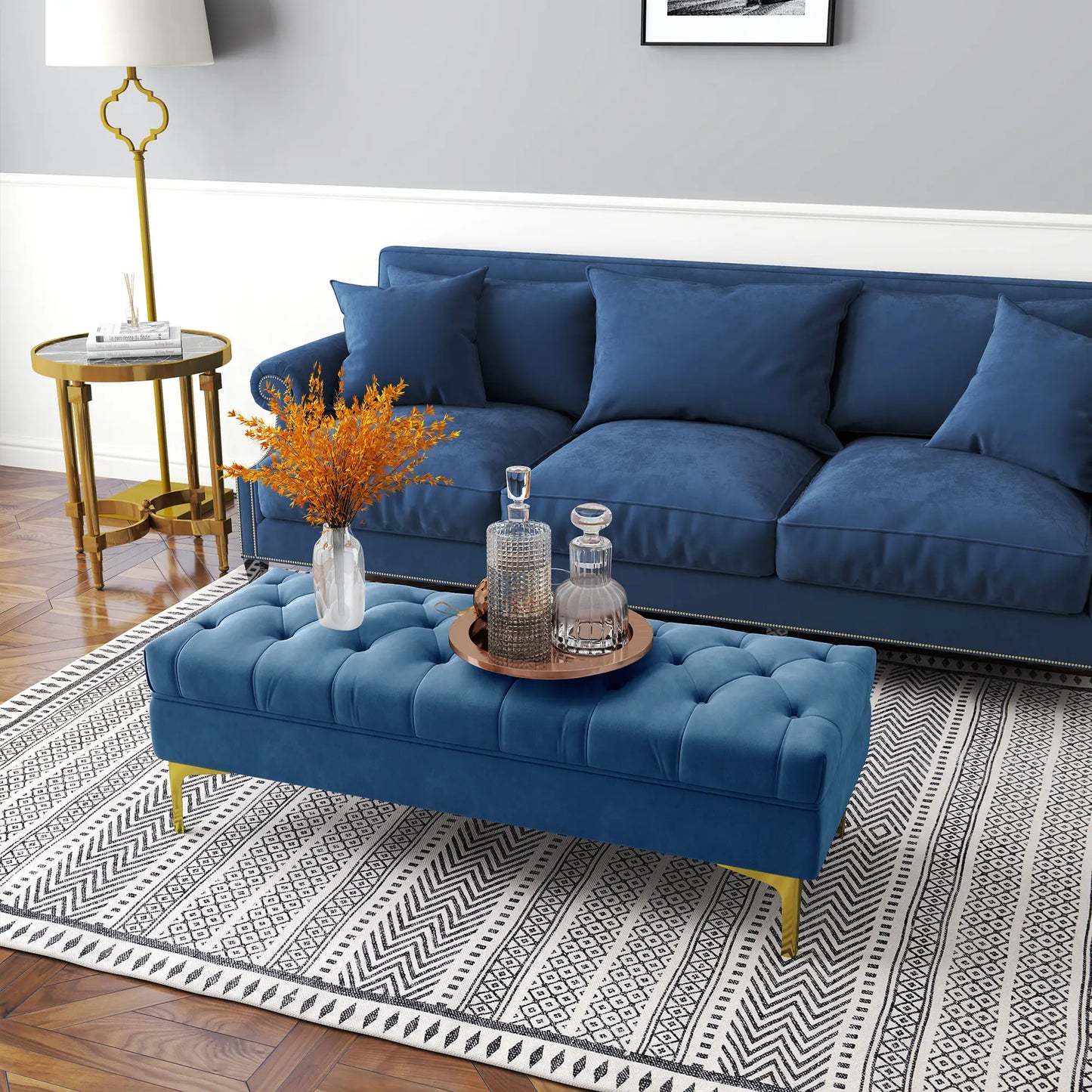 Upholstered End of Bed Bench, Button Tufted, 36 Inches, Blue Storage Ottomans & Benches at Gallery Canada