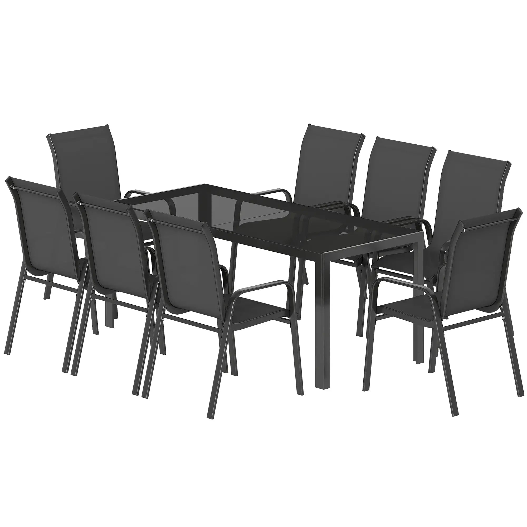 9 Piece Patio Set, Stackable Chairs, Glass Top, Black Outdoor Dining Sets Black at Gallery Canada