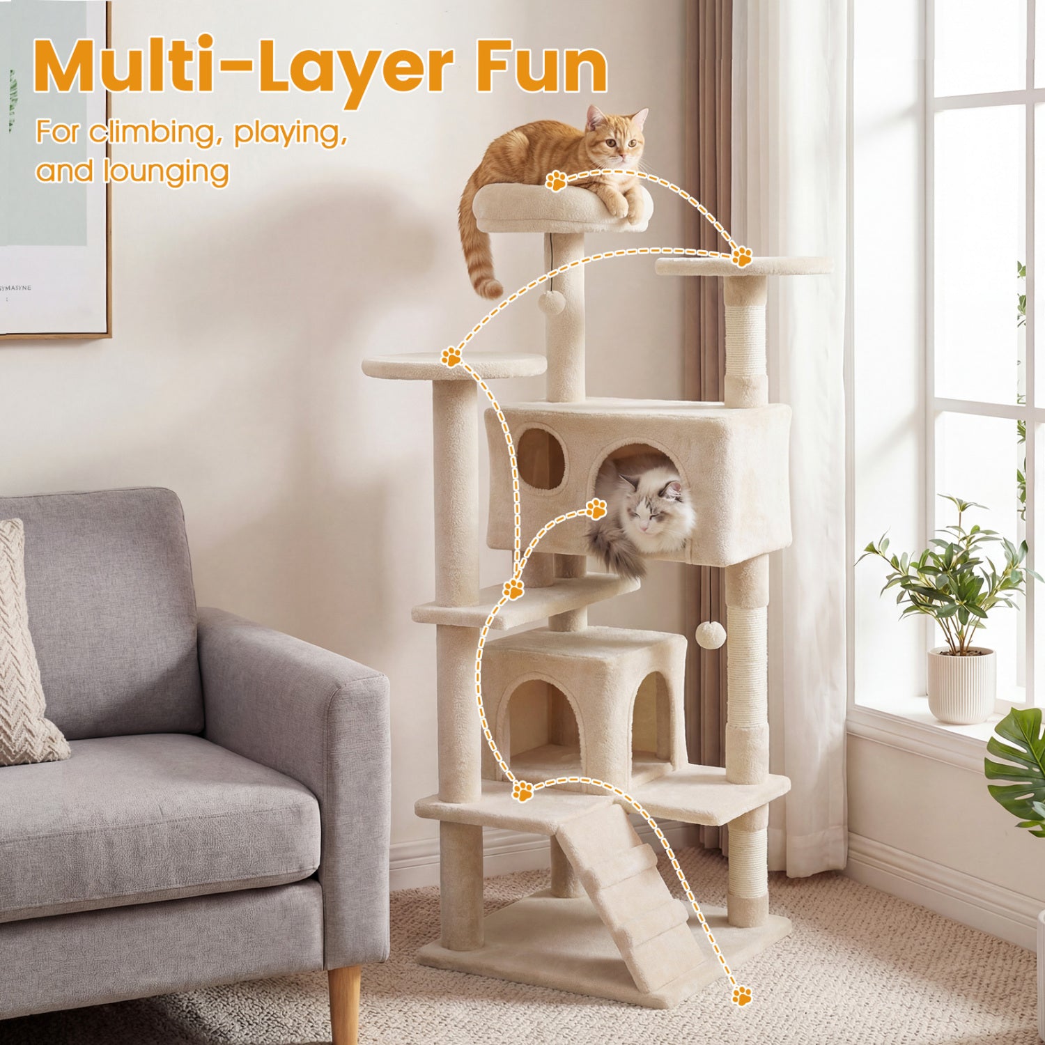 52 Inch Tall Cat Tree Tower, Indoor Cats, Beige Cat Trees Condos & Scratchers at Gallery Canada
