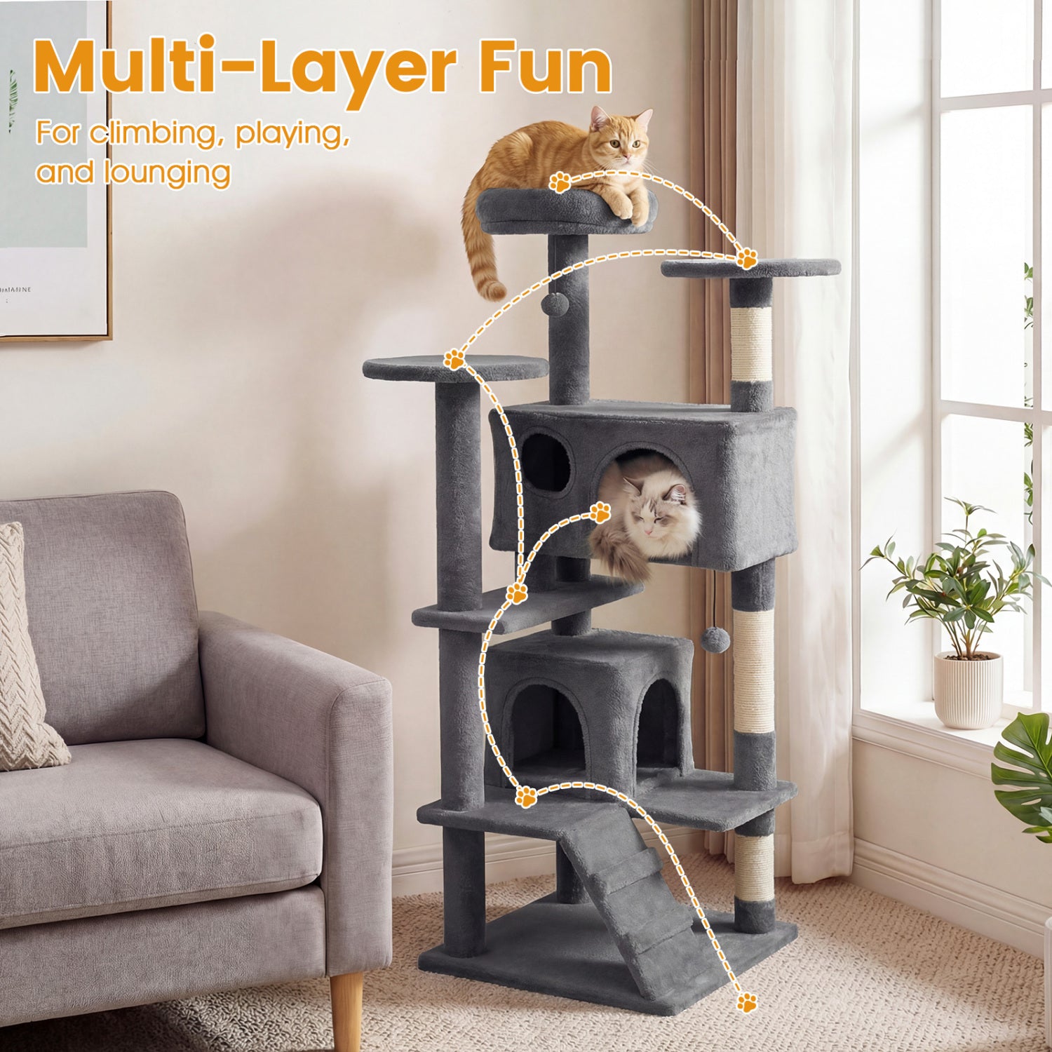 52 Inch Cat Tree Tower For Indoor Cats, Light Gray Cat Trees Condos & Scratchers at Gallery Canada