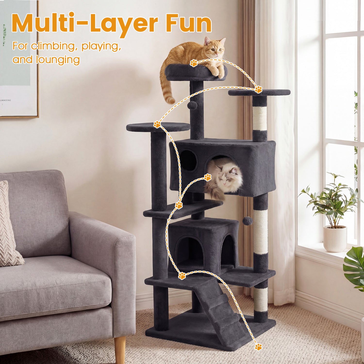 52 Inch Cat Tree Tower For Indoor Cats, Dark Gray Cat Trees Condos & Scratchers at Gallery Canada