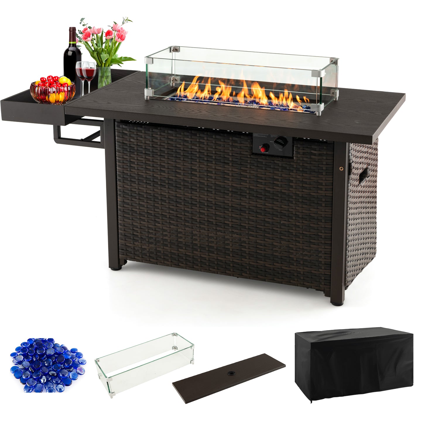 52 Inch Outdoor Wicker Gas Fire Pit Table, Brown Fire Pit Tables Brown at Gallery Canada