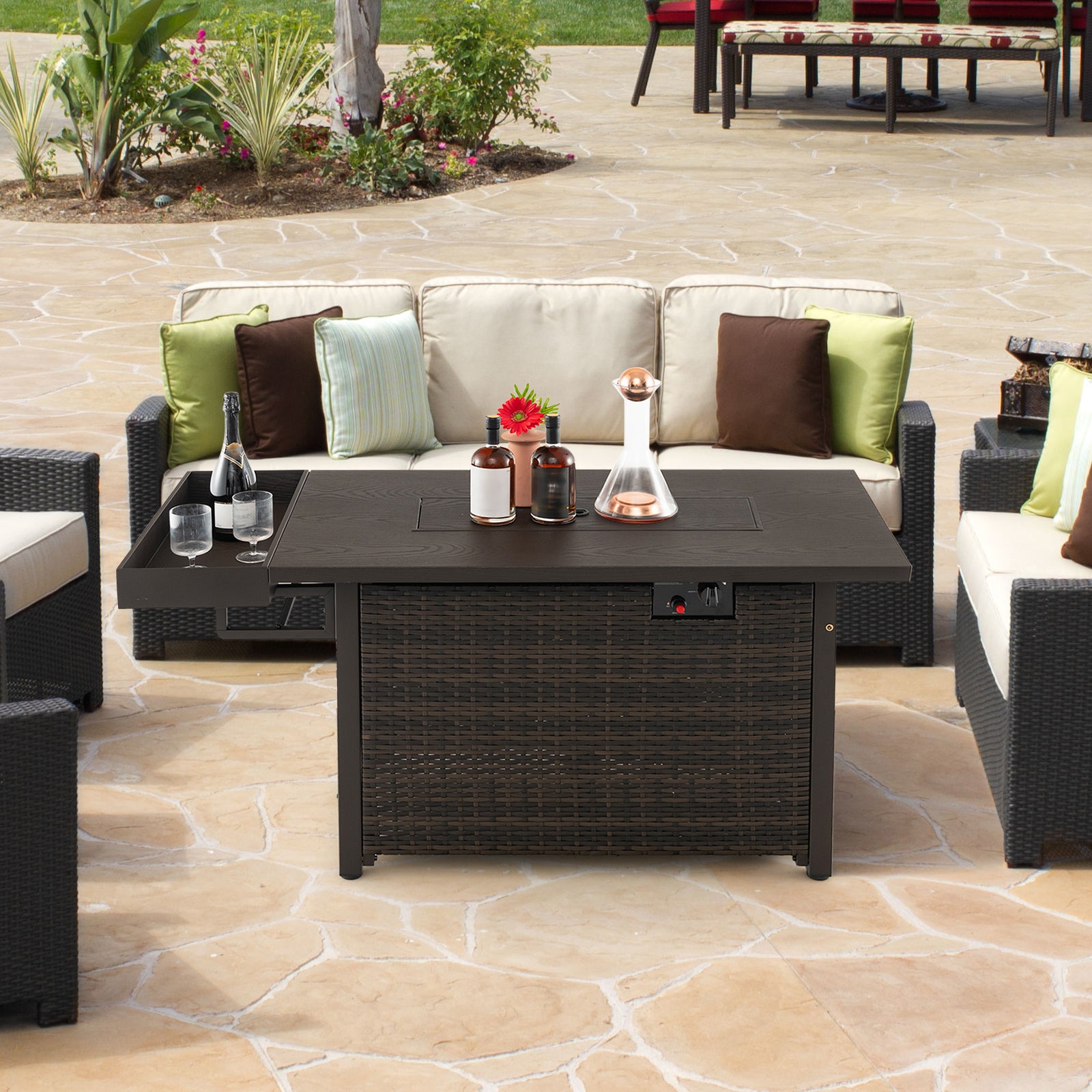 52 Inches Outdoor Wicker Gas Fire Pit Propane Fire Table with Cover, Brown Fire Pit Tables at Gallery Canada