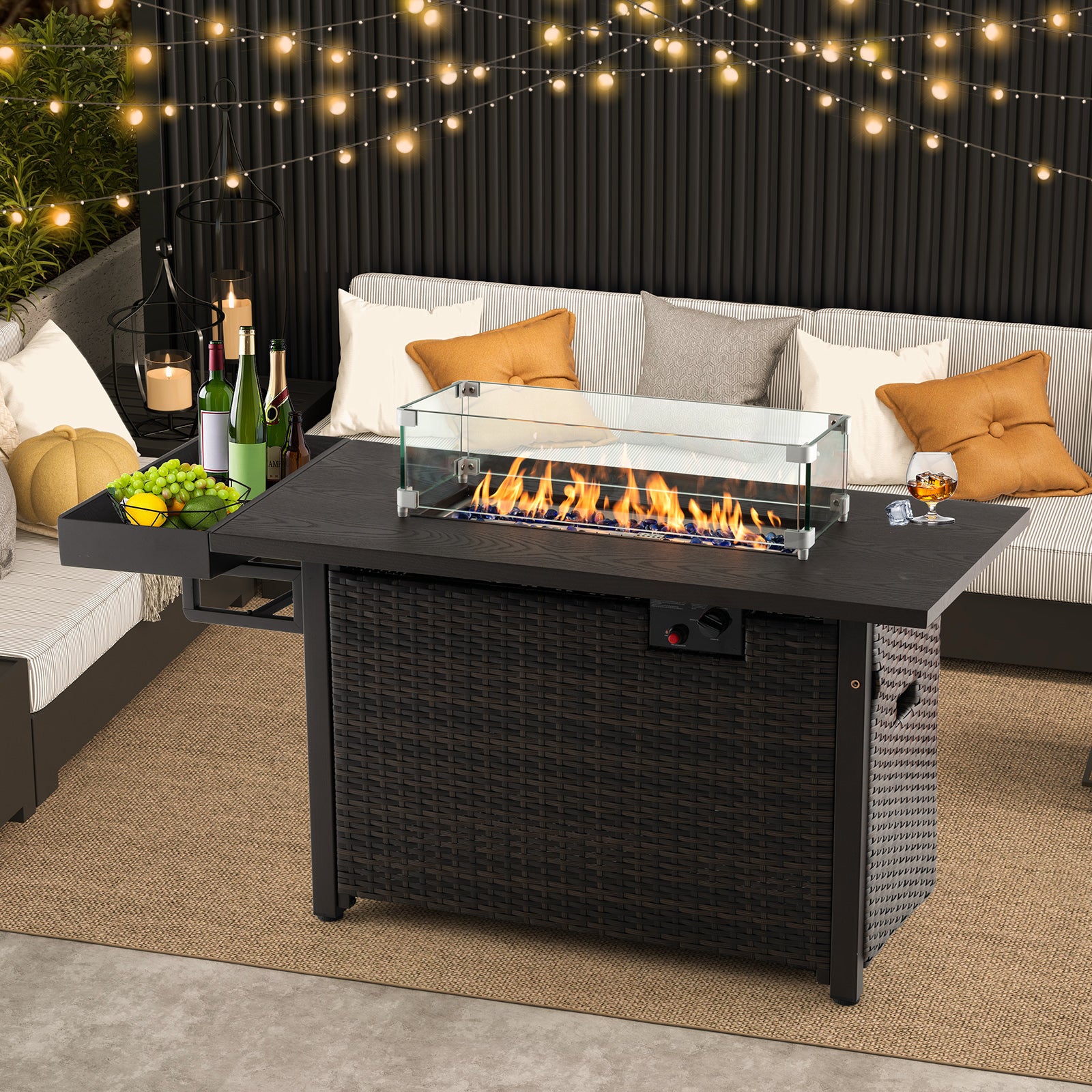 52 Inches Outdoor Wicker Gas Fire Pit Propane Fire Table with Cover, Brown Fire Pit Tables at Gallery Canada