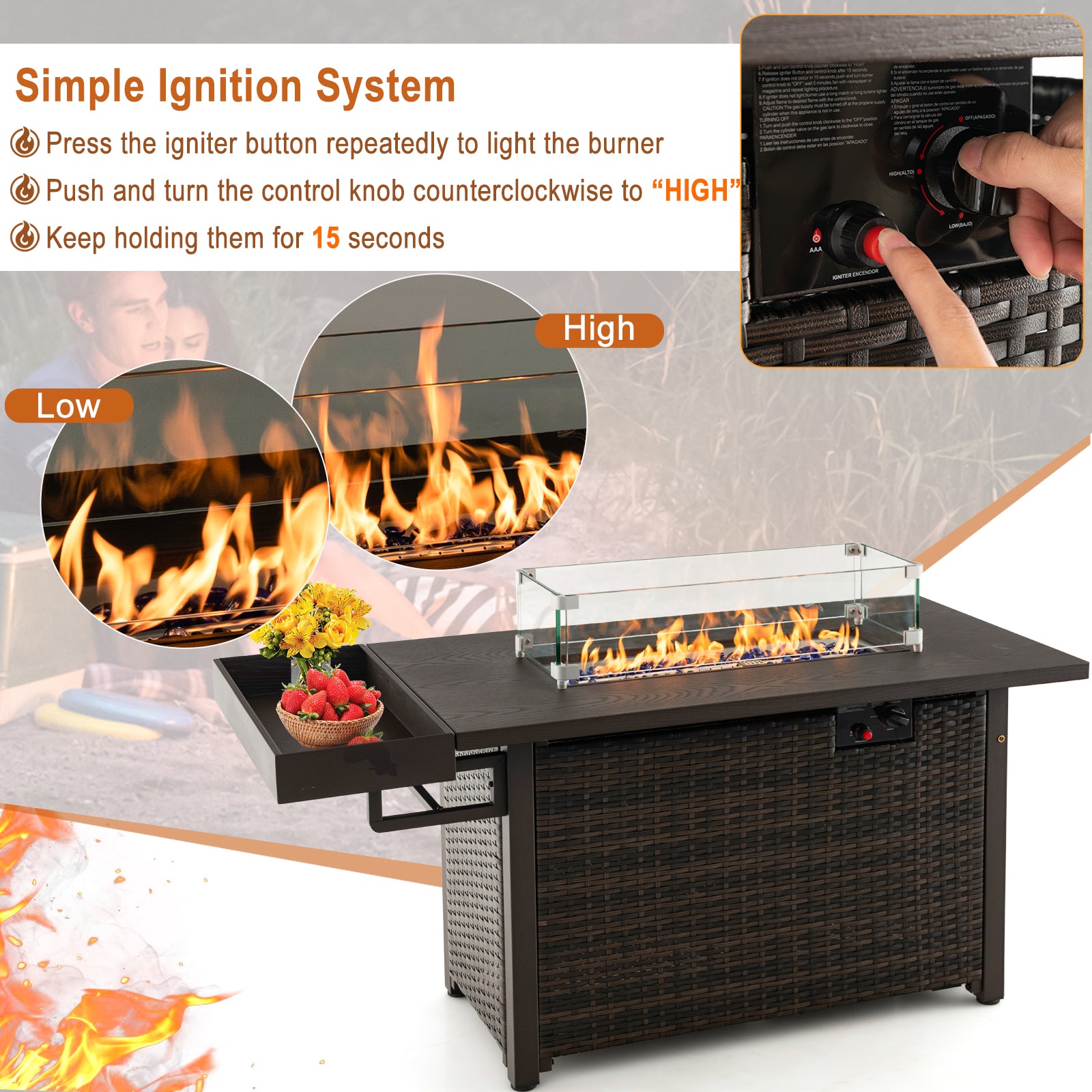 52 Inches Outdoor Wicker Gas Fire Pit Propane Fire Table with Cover, Brown Fire Pit Tables at Gallery Canada