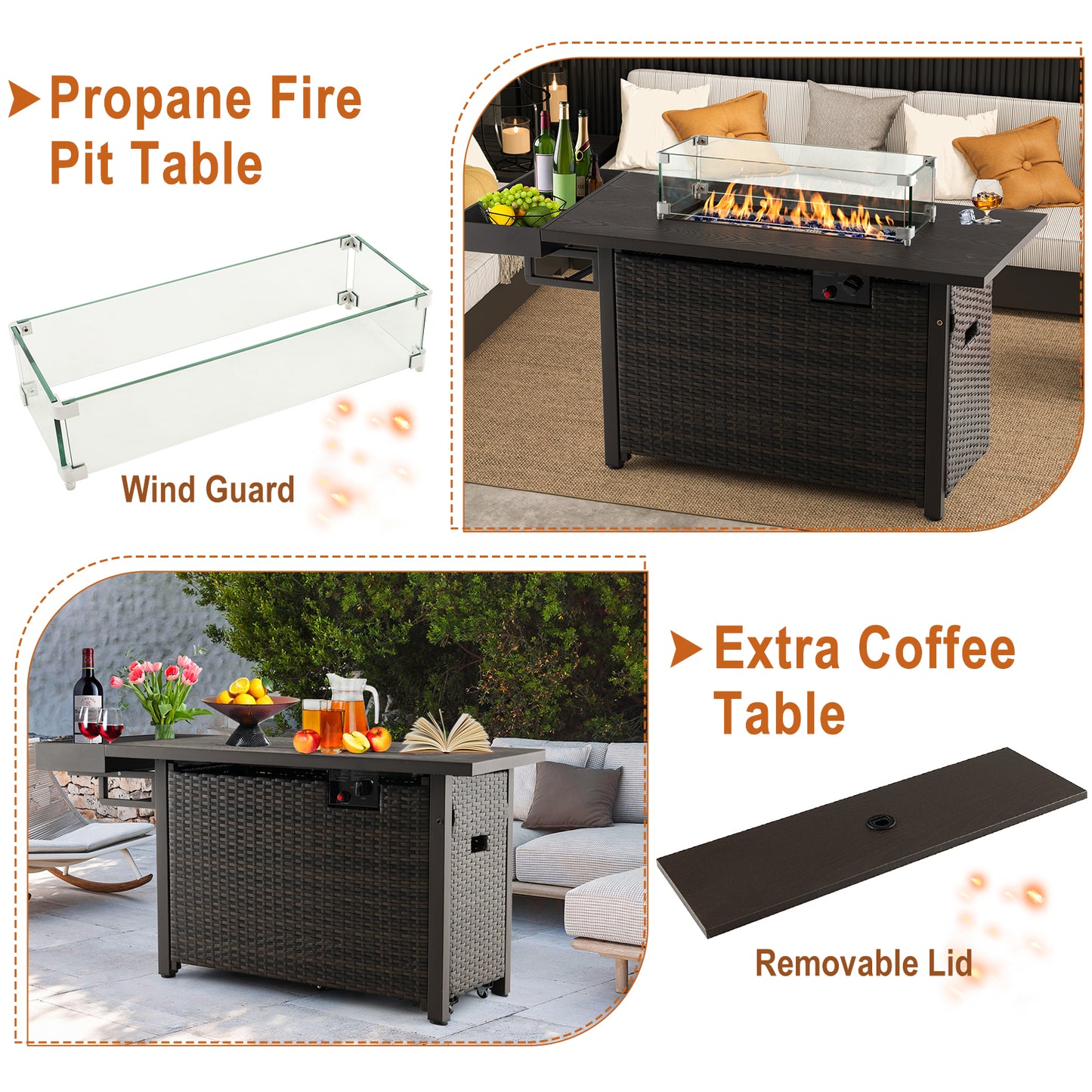 52 Inches Outdoor Wicker Gas Fire Pit Propane Fire Table with Cover, Brown Fire Pit Tables at Gallery Canada