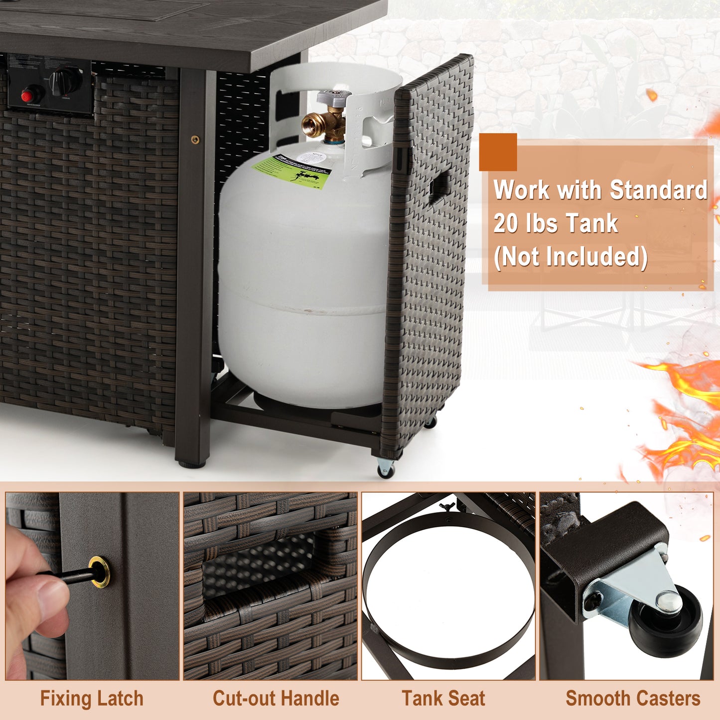 52 Inches Outdoor Wicker Gas Fire Pit Propane Fire Table with Cover, Brown Fire Pit Tables at Gallery Canada