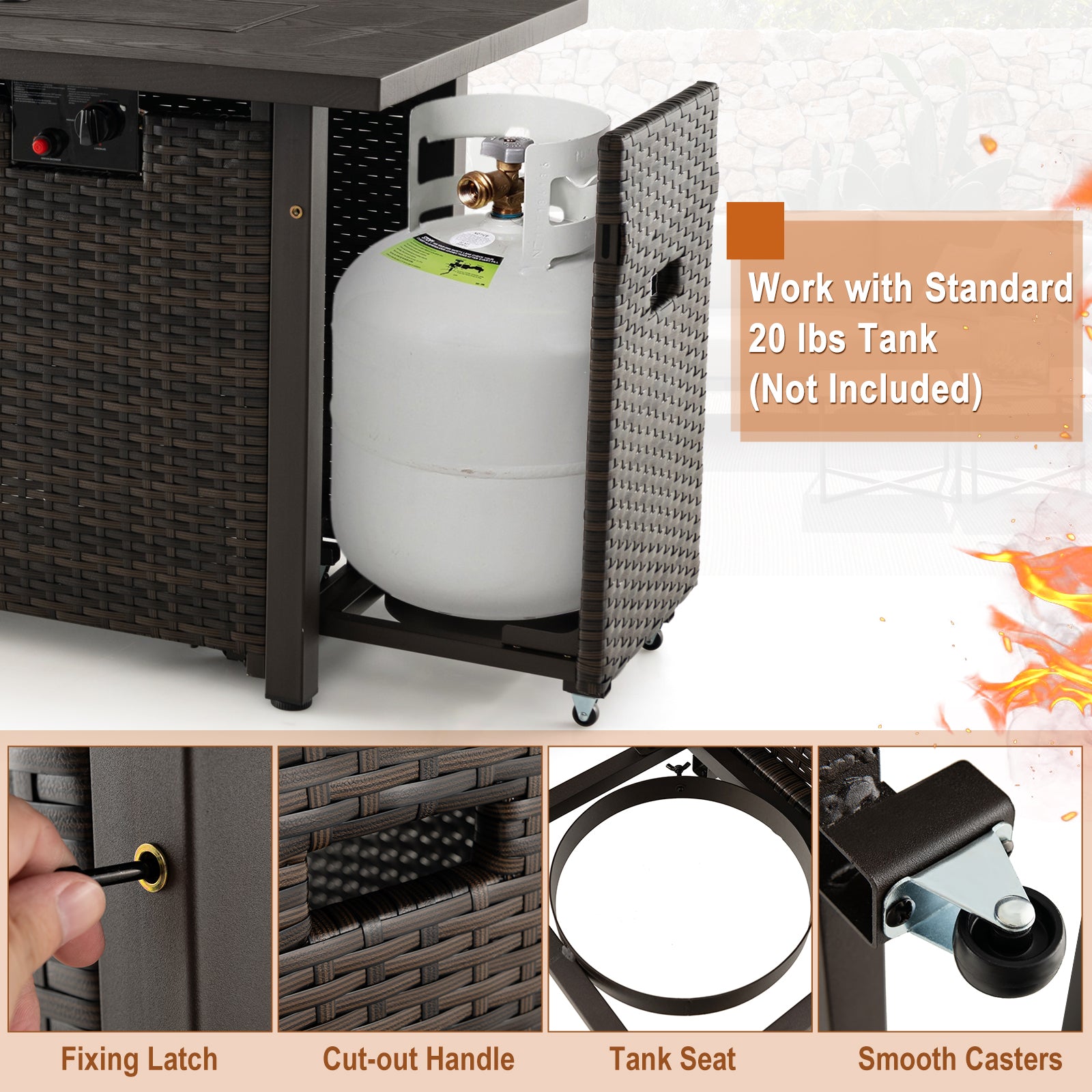 52 Inches Outdoor Wicker Gas Fire Pit Propane Fire Table with Cover, Brown Fire Pit Tables at Gallery Canada