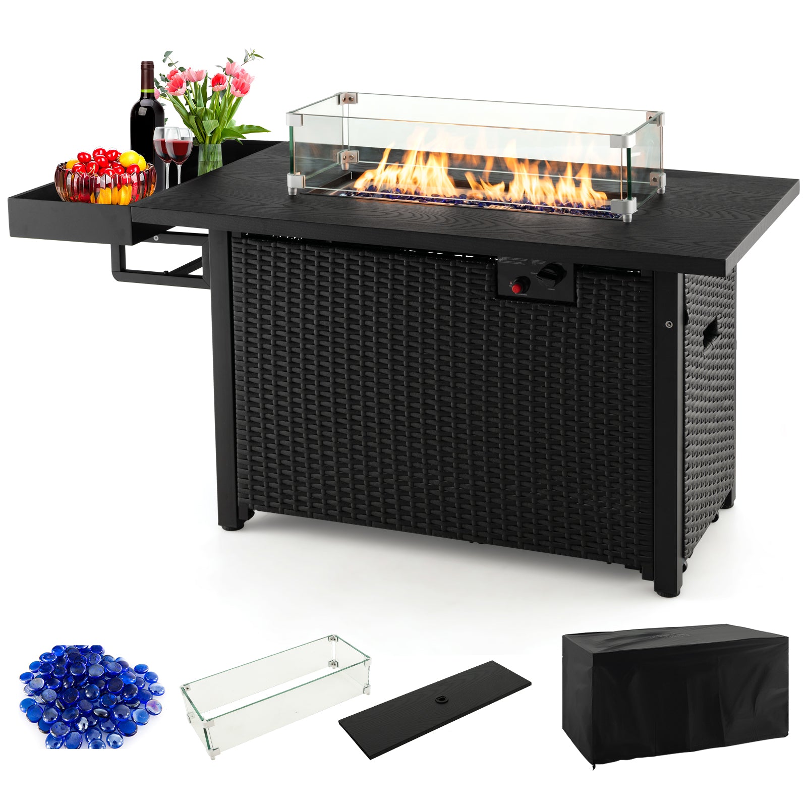 52 Inches Outdoor Wicker Gas Fire Pit Propane Fire Table with Cover, Black Fire Pit Tables at Gallery Canada