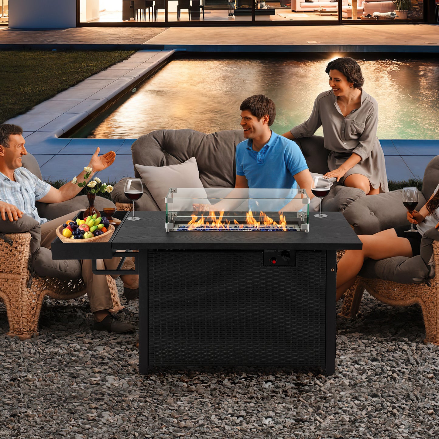 52 Inches Outdoor Wicker Gas Fire Pit Propane Fire Table with Cover, Black Fire Pit Tables at Gallery Canada