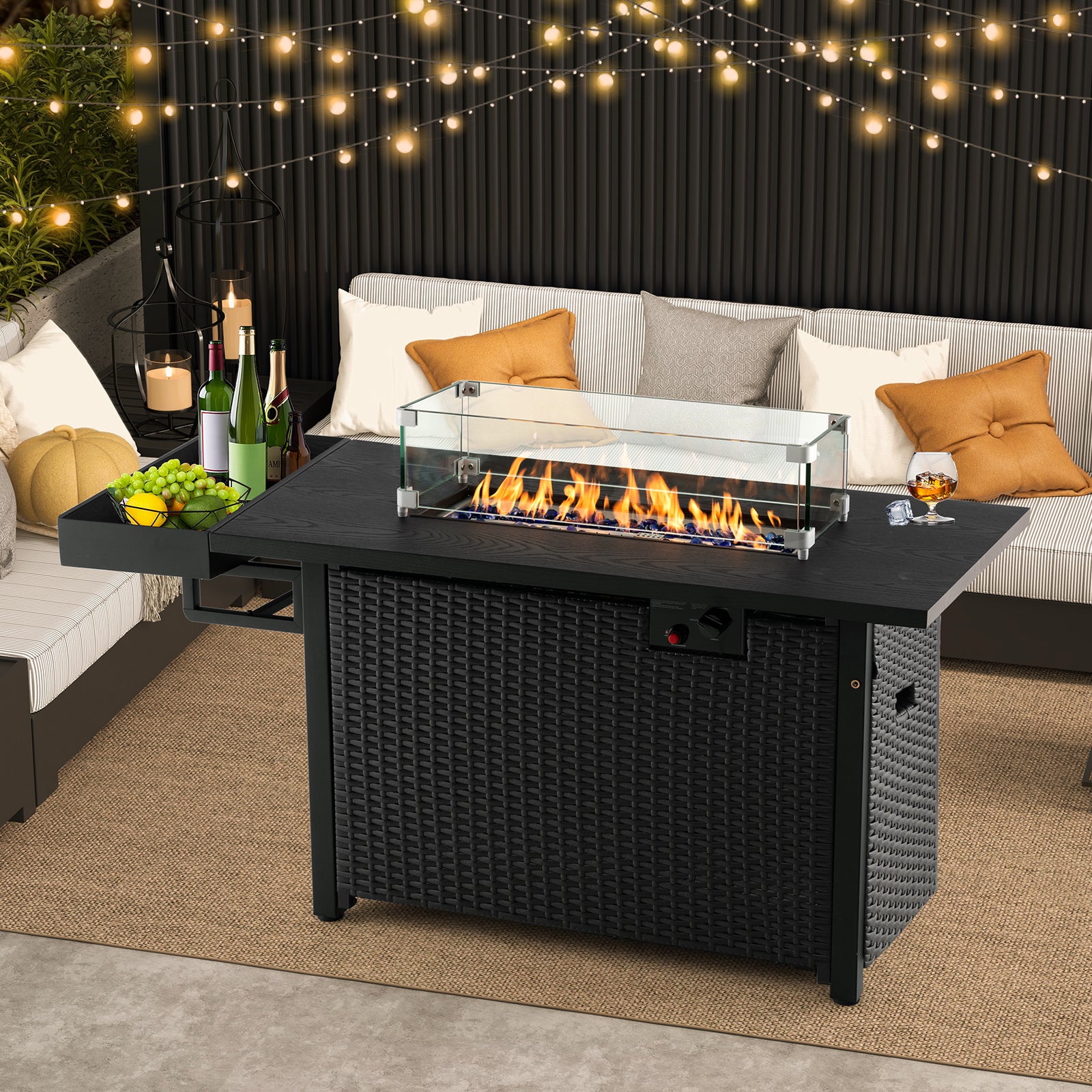 52 Inches Outdoor Wicker Gas Fire Pit Propane Fire Table with Cover, Black Fire Pit Tables at Gallery Canada