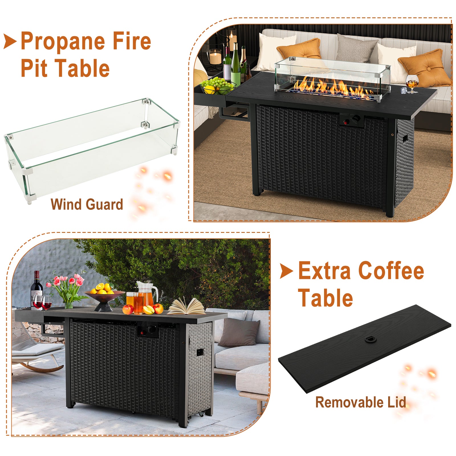 52 Inches Outdoor Wicker Gas Fire Pit Propane Fire Table with Cover, Black Fire Pit Tables at Gallery Canada