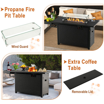 52 Inches Outdoor Wicker Gas Fire Pit Propane Fire Table with Cover, Black Fire Pit Tables at Gallery Canada