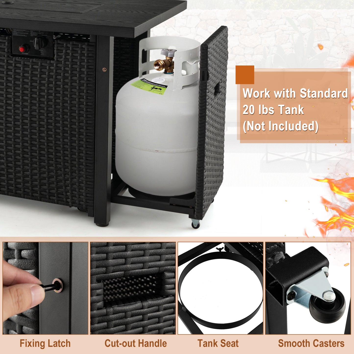 52 Inches Outdoor Wicker Gas Fire Pit Propane Fire Table with Cover, Black Fire Pit Tables at Gallery Canada