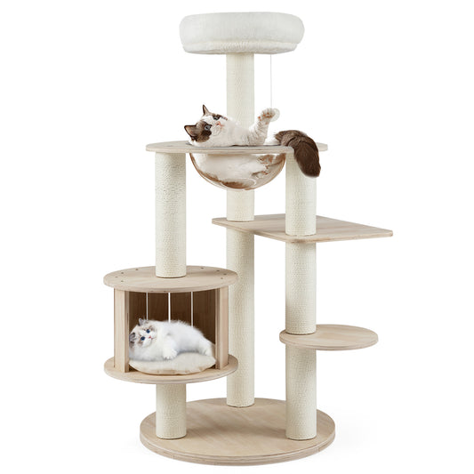 52 Inches Wooden Cat Tree, Washable Plush Cushions, Multi-Level Climbing Stand
