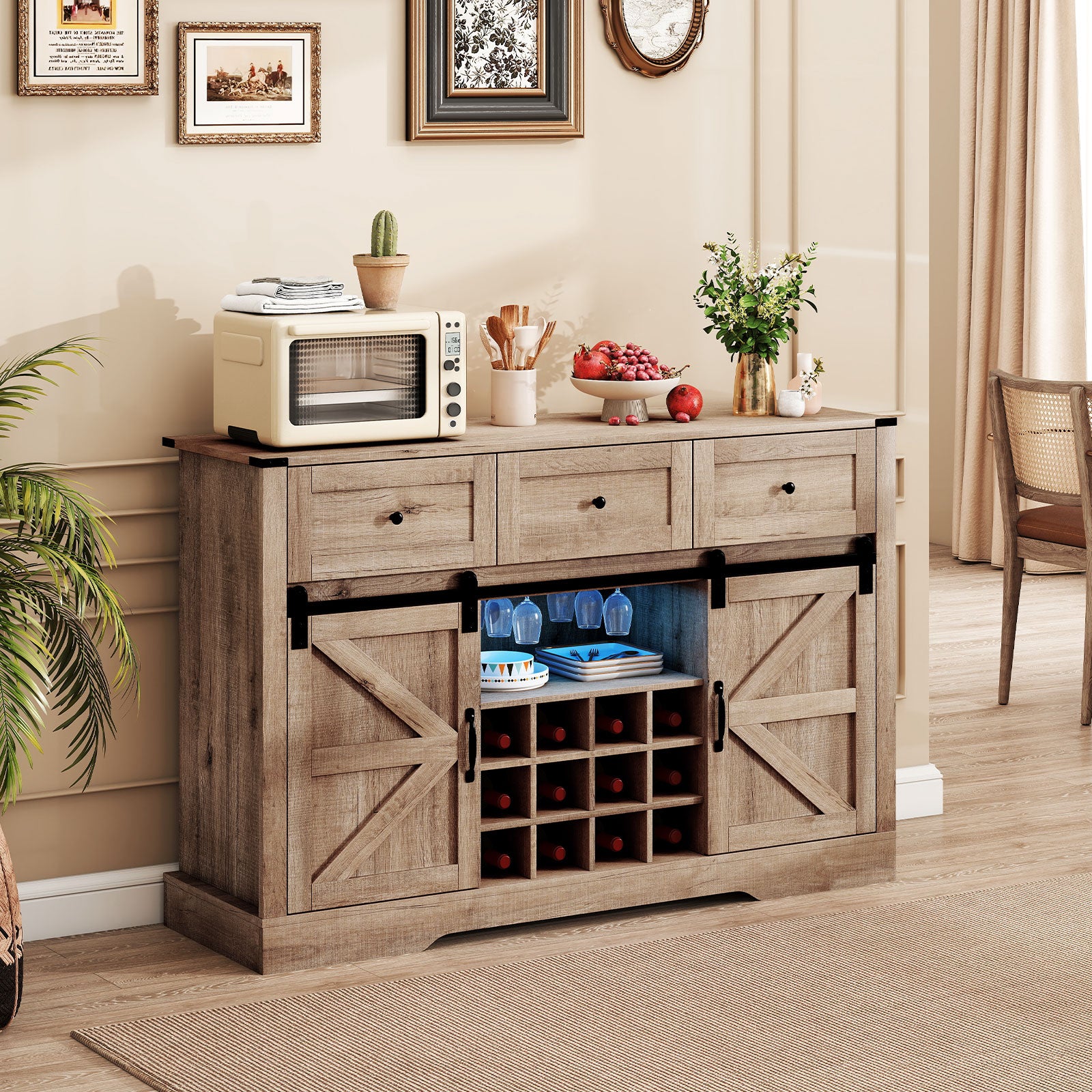 52 Inches Wine Bar Cabinet with LED Lights and Sliding Barn Doors, Light Gray Sideboards Cabinets & Buffets at Gallery Canada