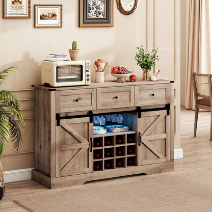 52 Inches Wine Bar Cabinet with LED Lights and Sliding Barn Doors, Light Gray Sideboards Cabinets & Buffets at Gallery Canada