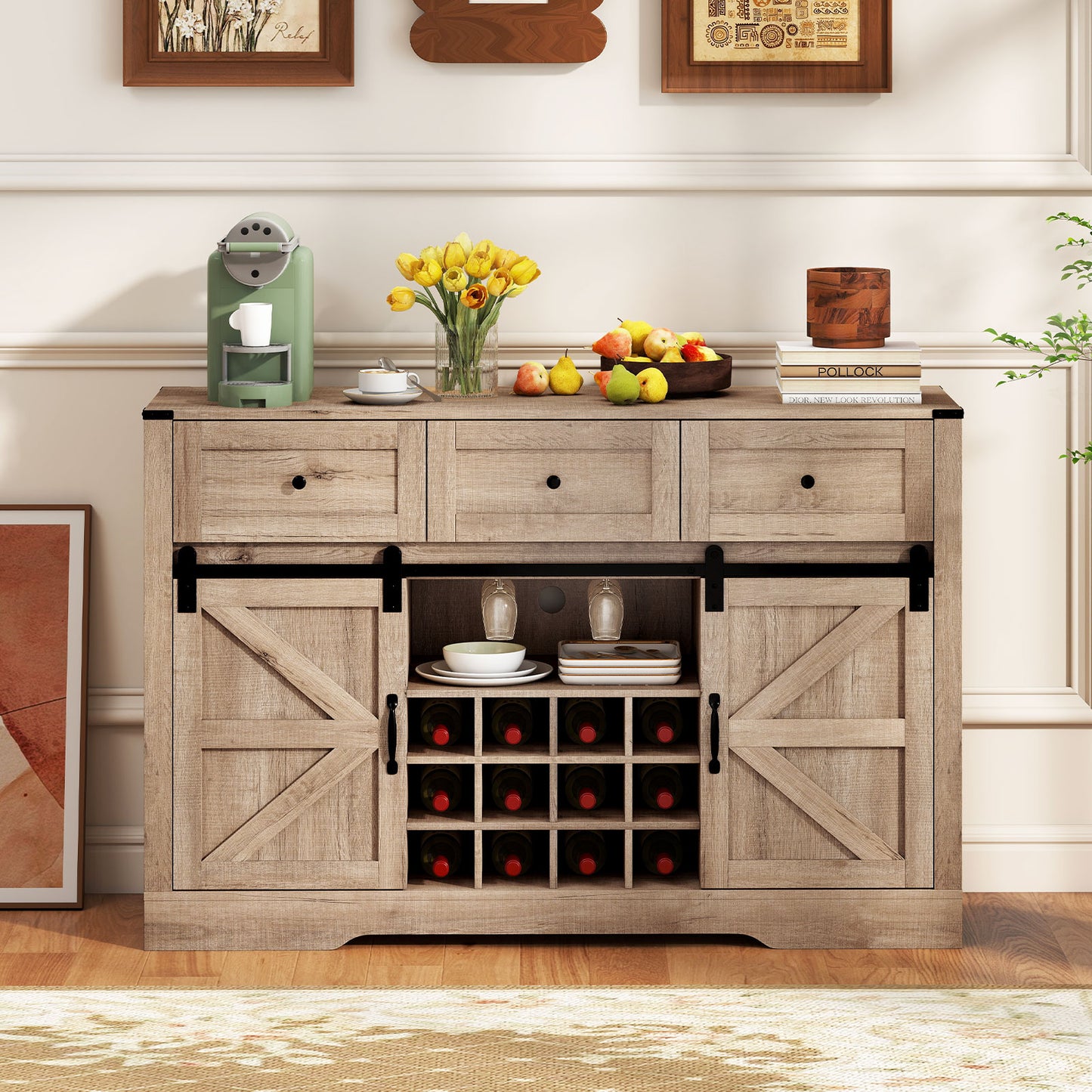 52 Inches Wine Bar Cabinet with LED Lights and Sliding Barn Doors, Light Gray Sideboards Cabinets & Buffets at Gallery Canada