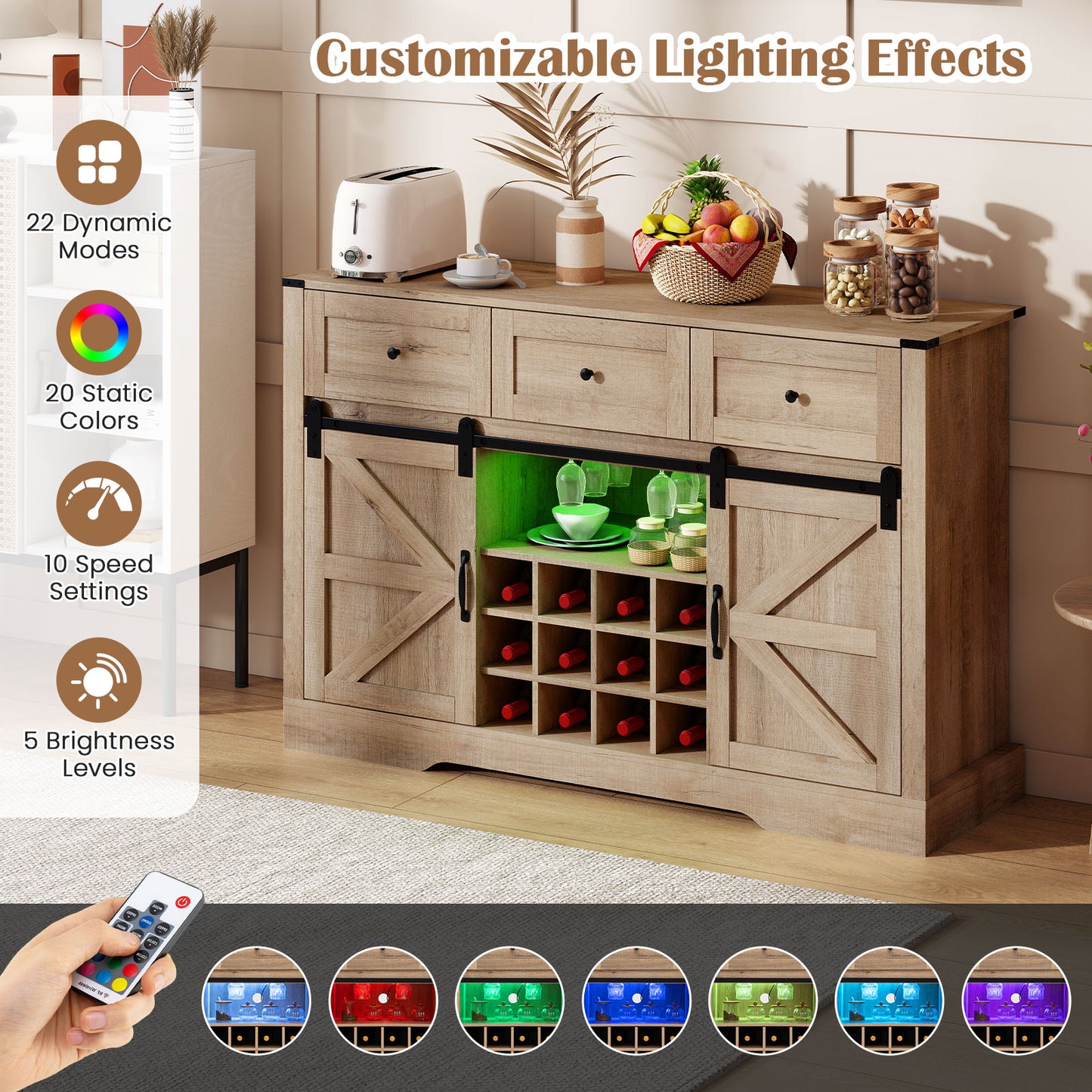 52 Inches Wine Bar Cabinet with LED Lights and Sliding Barn Doors, Light Gray Sideboards Cabinets & Buffets at Gallery Canada