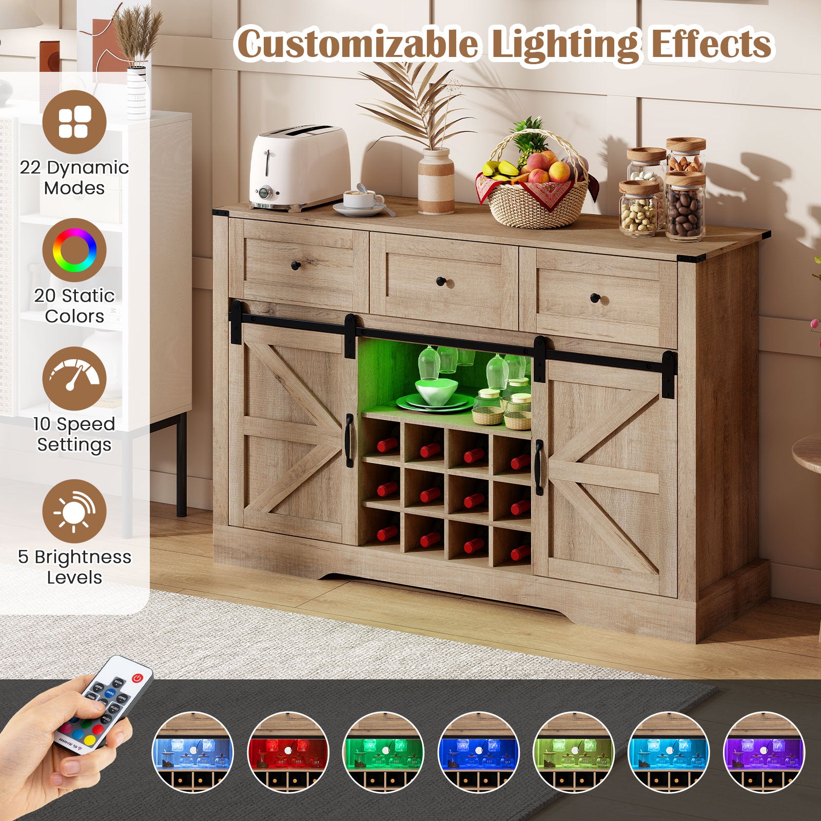 52 Inches Wine Bar Cabinet with LED Lights and Sliding Barn Doors, Light Gray Sideboards Cabinets & Buffets at Gallery Canada