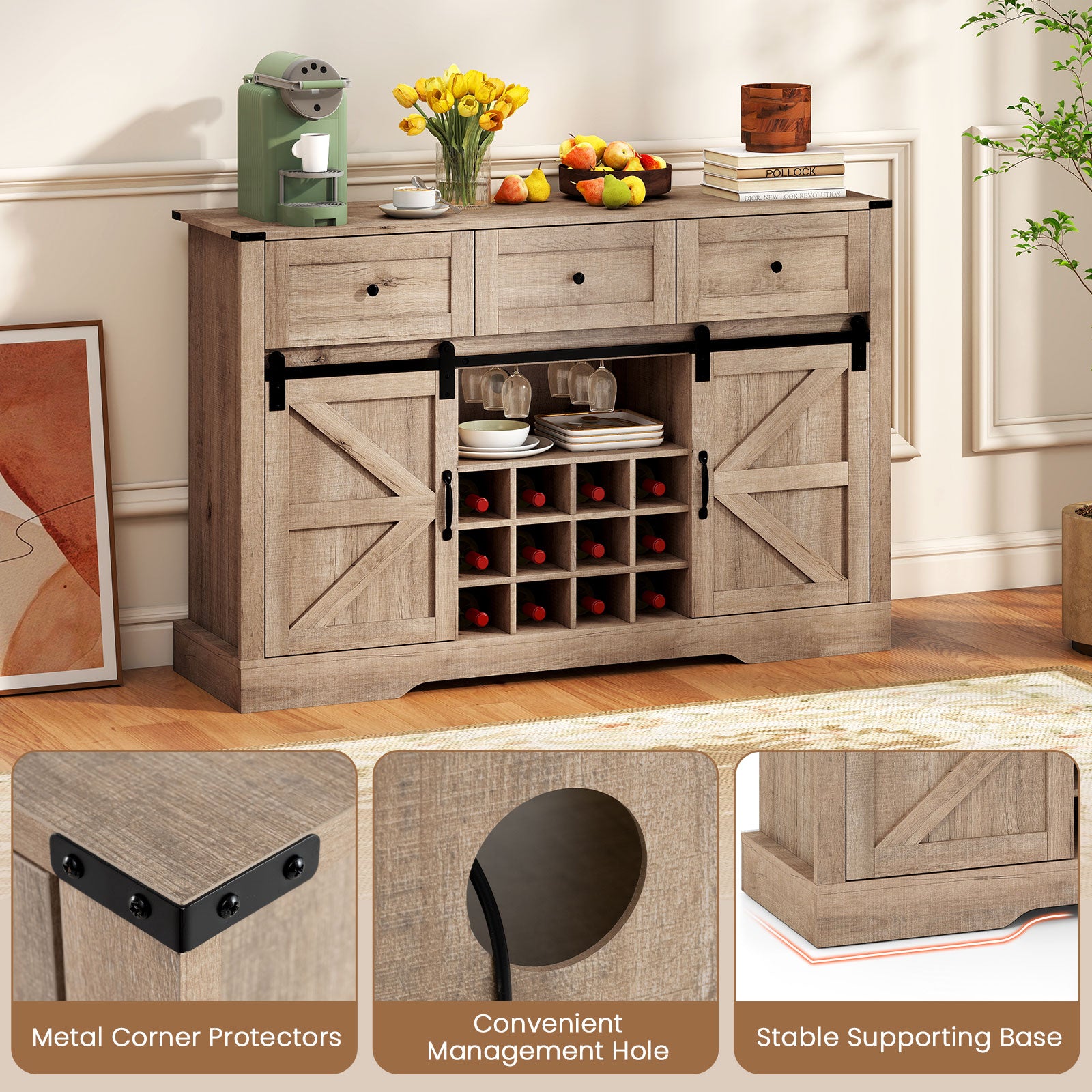 52 Inches Wine Bar Cabinet with LED Lights and Sliding Barn Doors, Light Gray Sideboards Cabinets & Buffets at Gallery Canada