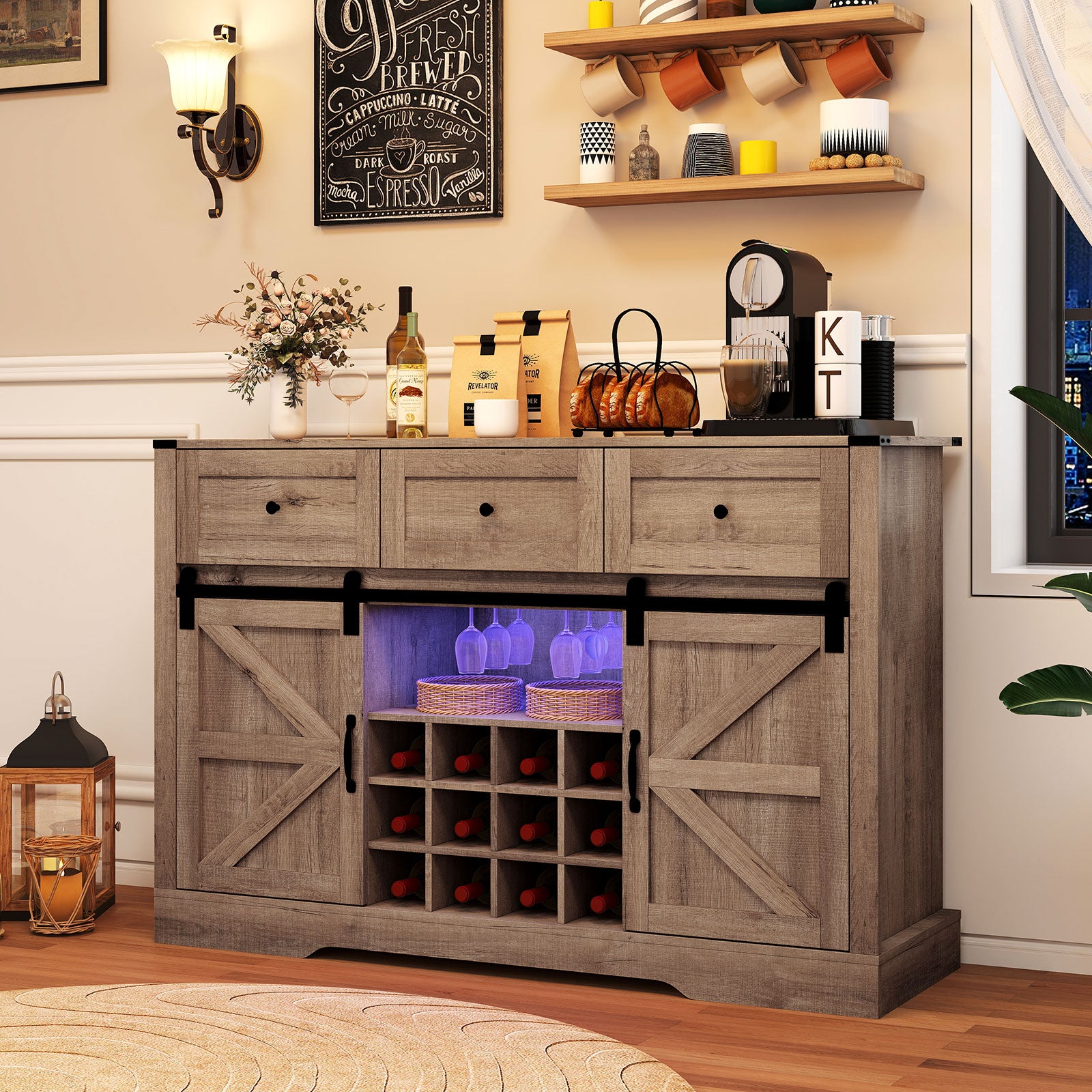 52 Inches Wine Bar Cabinet with LED Lights and Sliding Barn Doors, Light Gray Sideboards Cabinets & Buffets at Gallery Canada