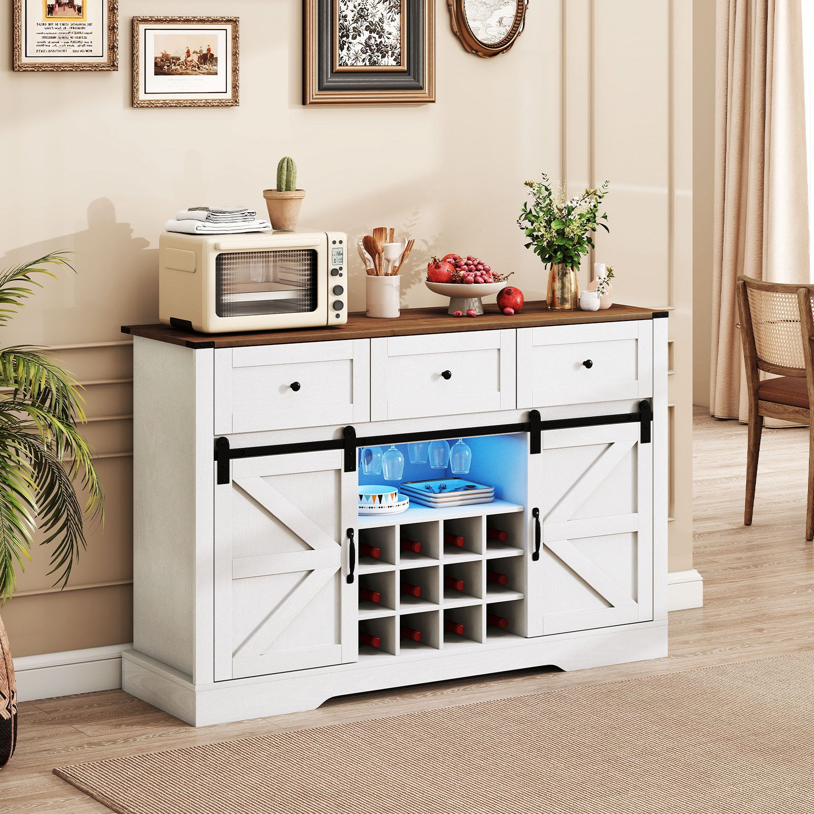 52 Inches Wine Bar Cabinet with LED Lights and Sliding Barn Doors, White Sideboards Cabinets & Buffets at Gallery Canada