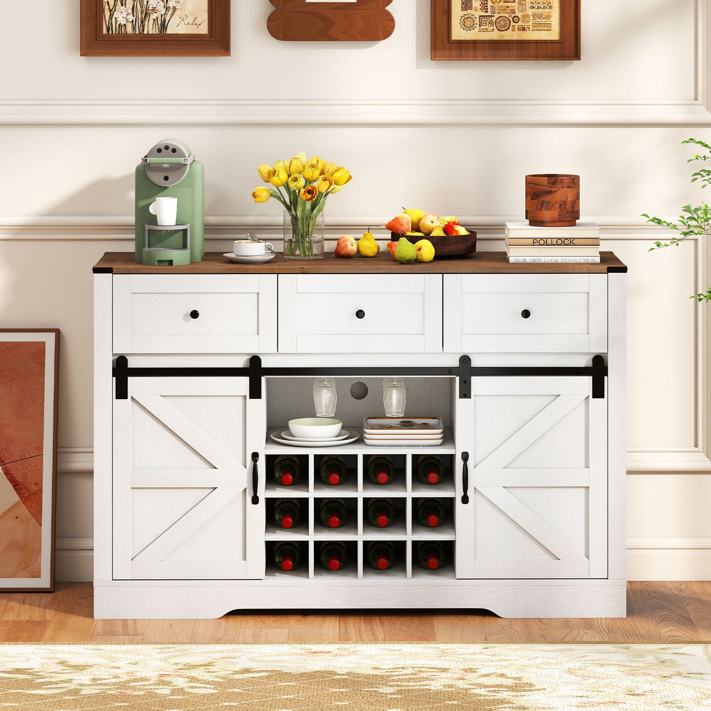 52 Inches Wine Bar Cabinet with LED Lights and Sliding Barn Doors, White Sideboards Cabinets & Buffets at Gallery Canada