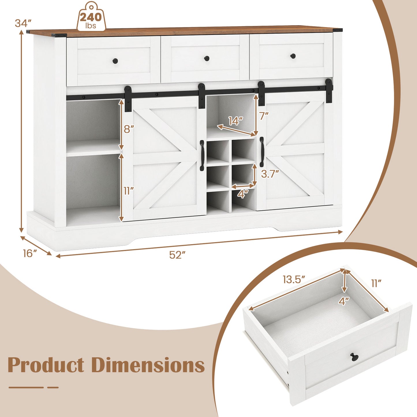52 Inches Wine Bar Cabinet with LED Lights and Sliding Barn Doors, White Sideboards Cabinets & Buffets at Gallery Canada