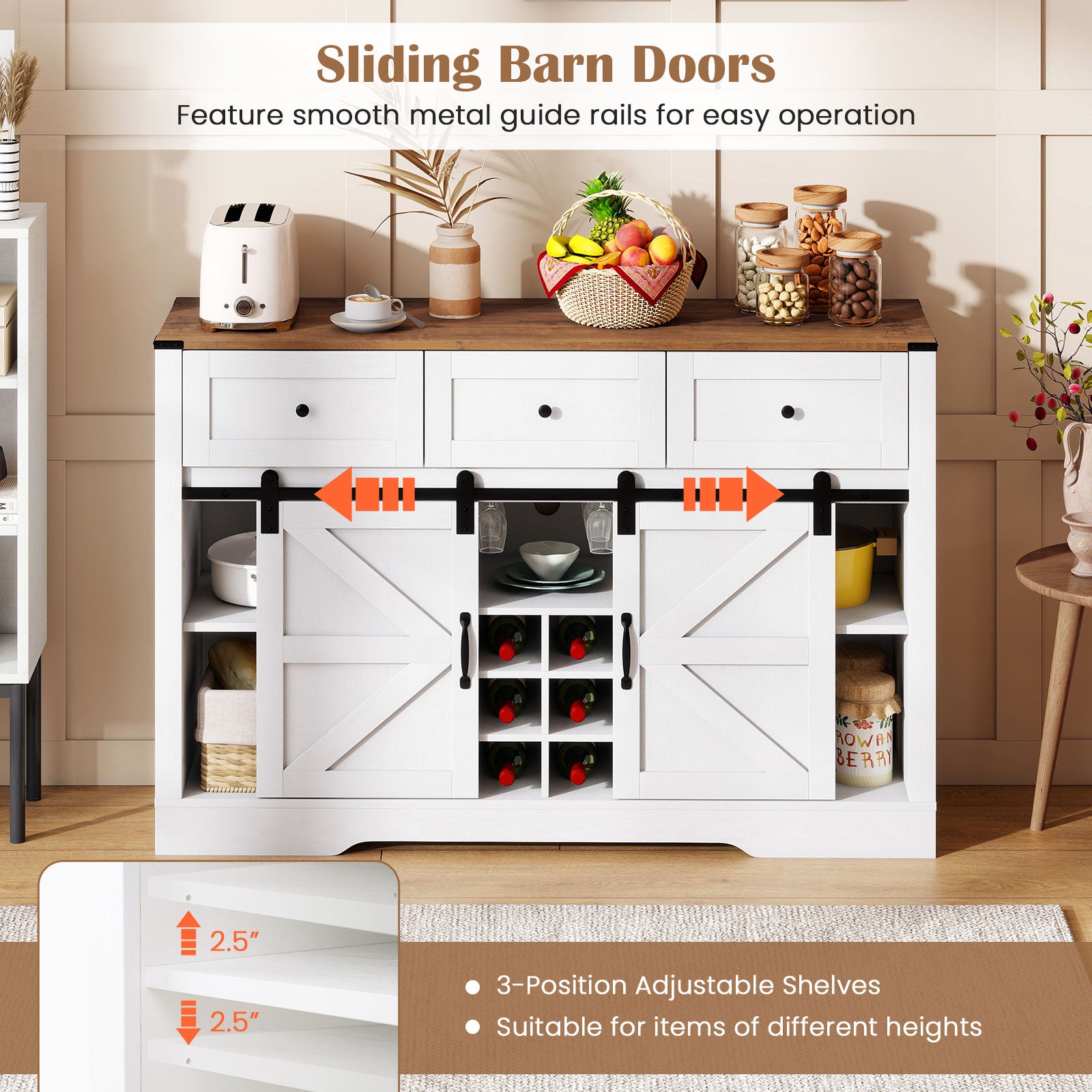 52 Inches Wine Bar Cabinet with LED Lights and Sliding Barn Doors, White Sideboards Cabinets & Buffets at Gallery Canada