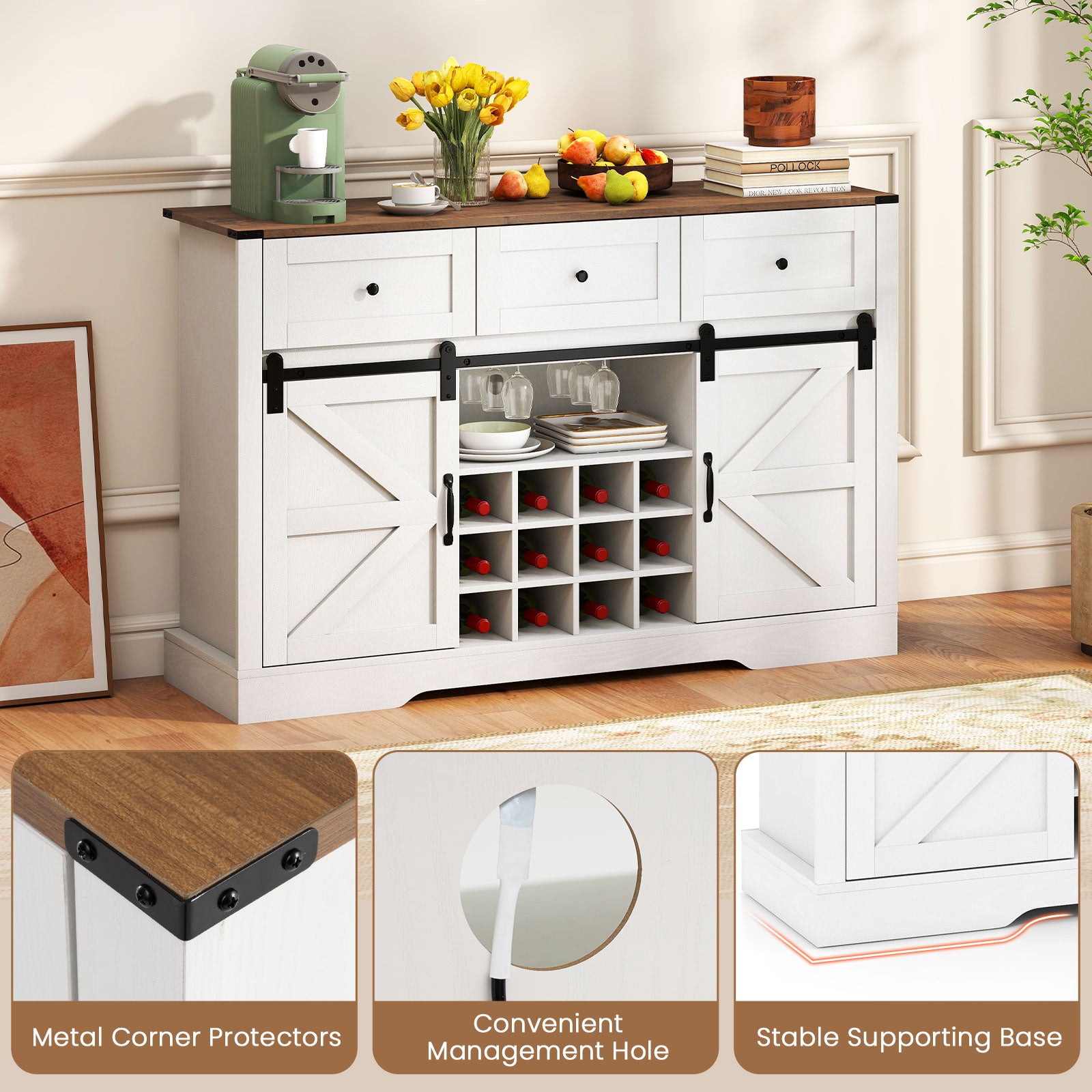 52 Inches Wine Bar Cabinet with LED Lights and Sliding Barn Doors, White Sideboards Cabinets & Buffets at Gallery Canada