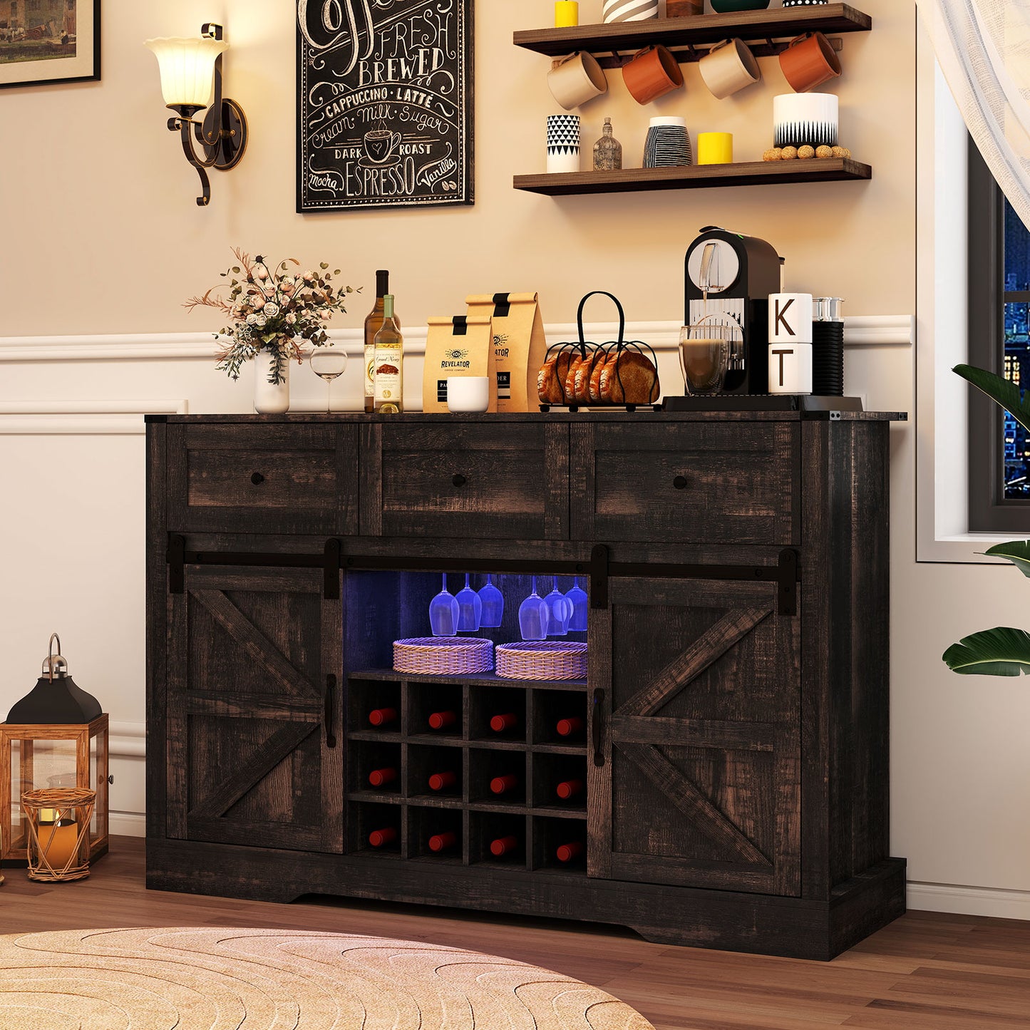 52" Wine Bar Cabinet with LED Lights, Oak Sideboards Cabinets & Buffets at Gallery Canada