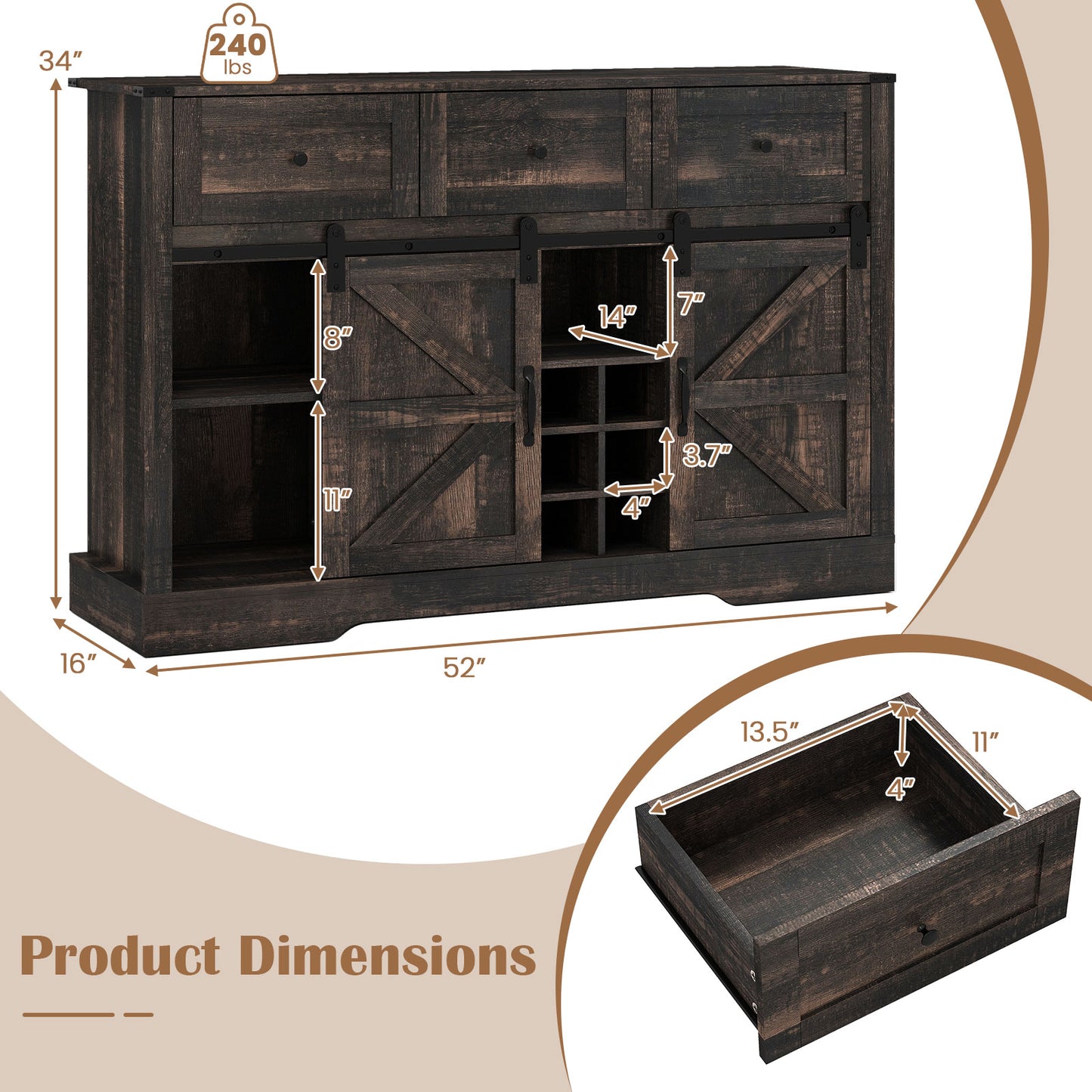 52" Wine Bar Cabinet with LED Lights, Oak Sideboards Cabinets & Buffets at Gallery Canada