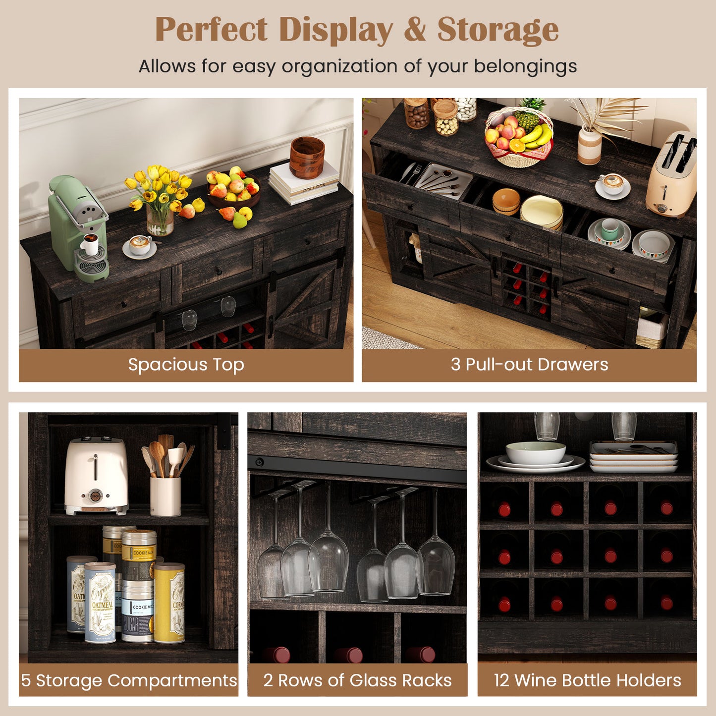 52" Wine Bar Cabinet with LED Lights, Oak Sideboards Cabinets & Buffets at Gallery Canada