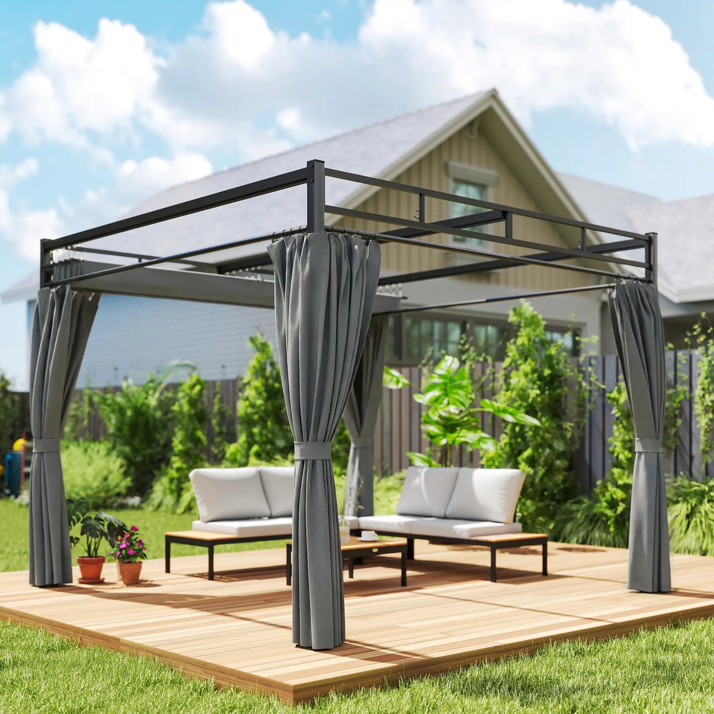 10' x 10' Dark Grey Outdoor Gazebo, Retractable Pergola Canopy With Curtains, Dark Grey Pergolas at Gallery Canada