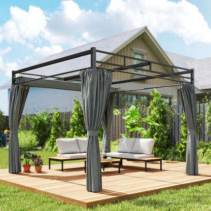 10' x 10' Dark Grey Outdoor Gazebo, Retractable Pergola Canopy With Curtains, Dark Grey Pergolas at Gallery Canada