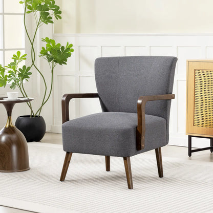 Accent Chair with Wooden Legs, Linen Fabric, Thick Padding, Dark Grey Accent Chairs at Gallery Canada