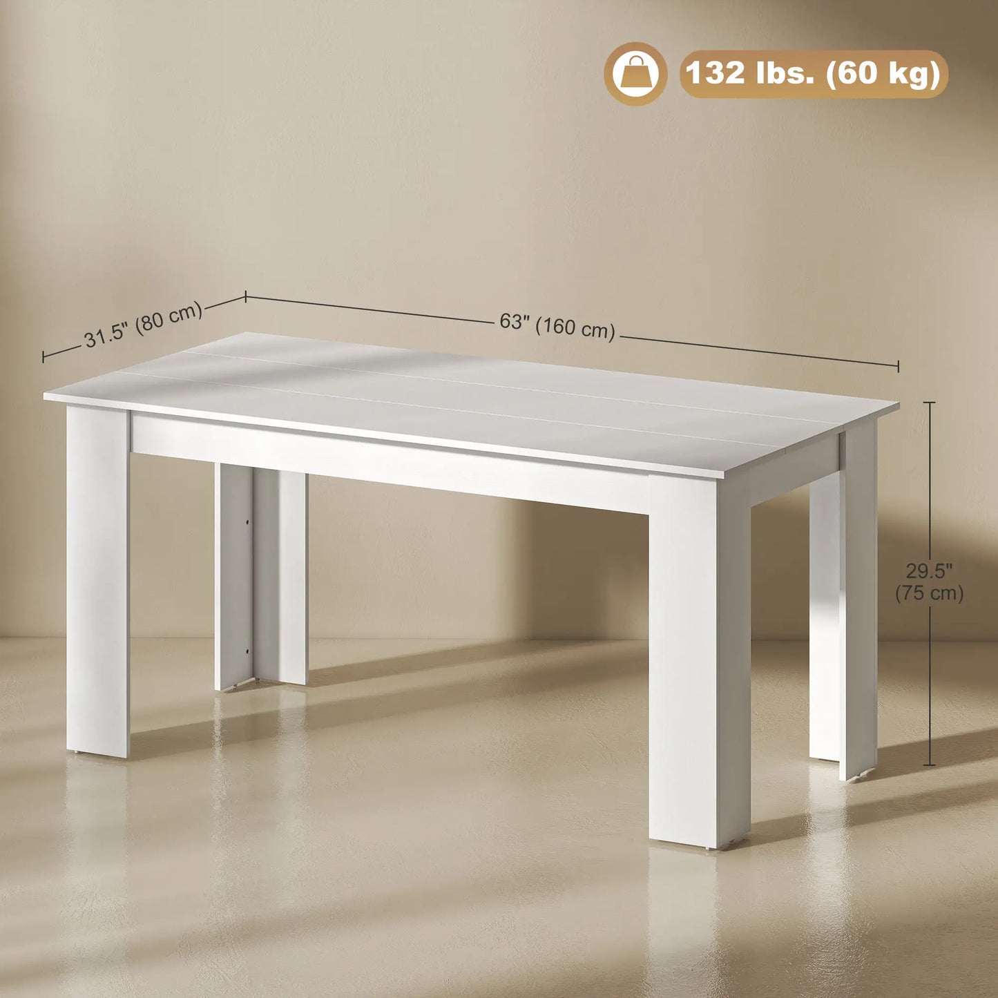 63" Kitchen Table for 4-6 People, Wood Effect, White Dining Tables at Gallery Canada