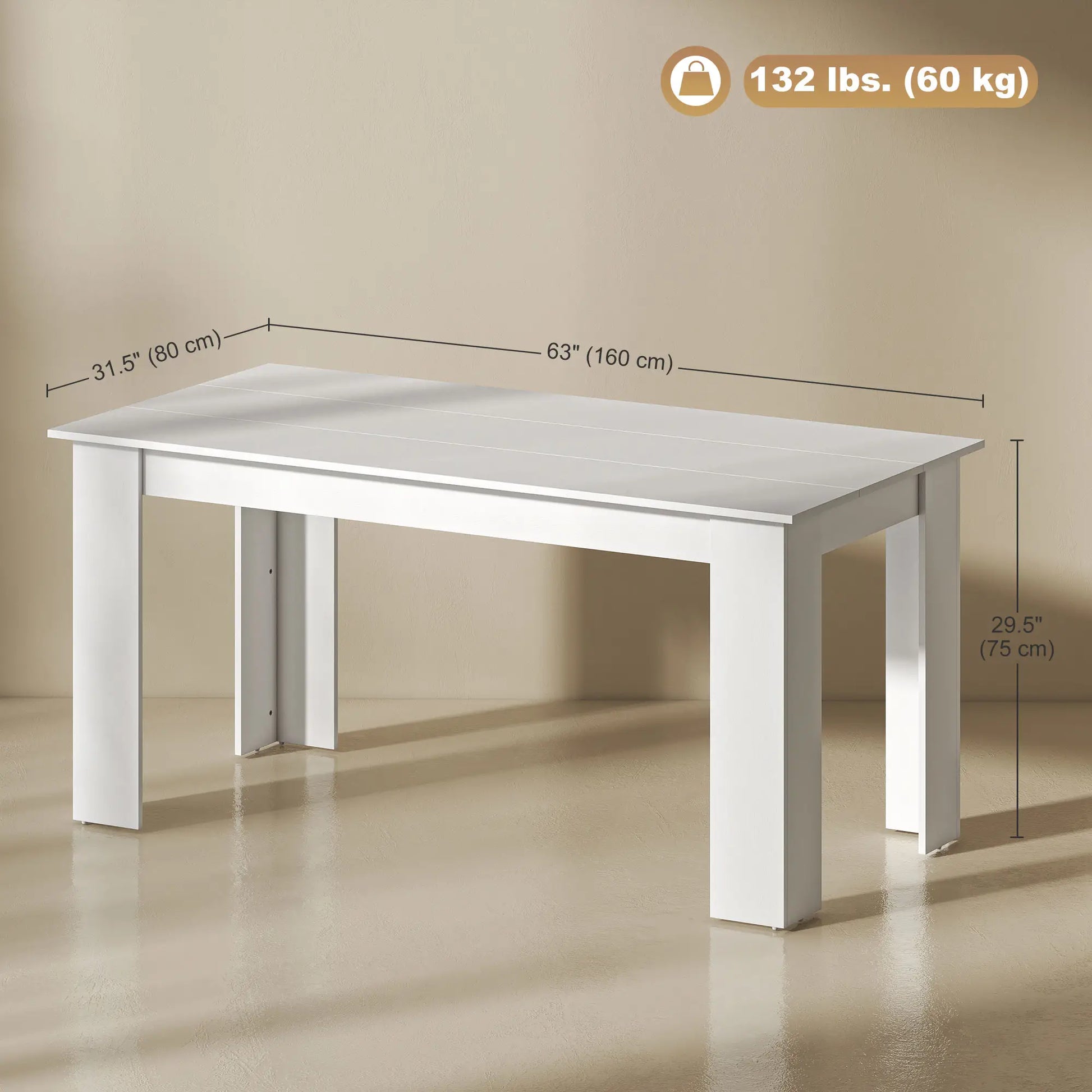 63" Kitchen Table for 4-6 People, Wood Effect, White Dining Tables at Gallery Canada