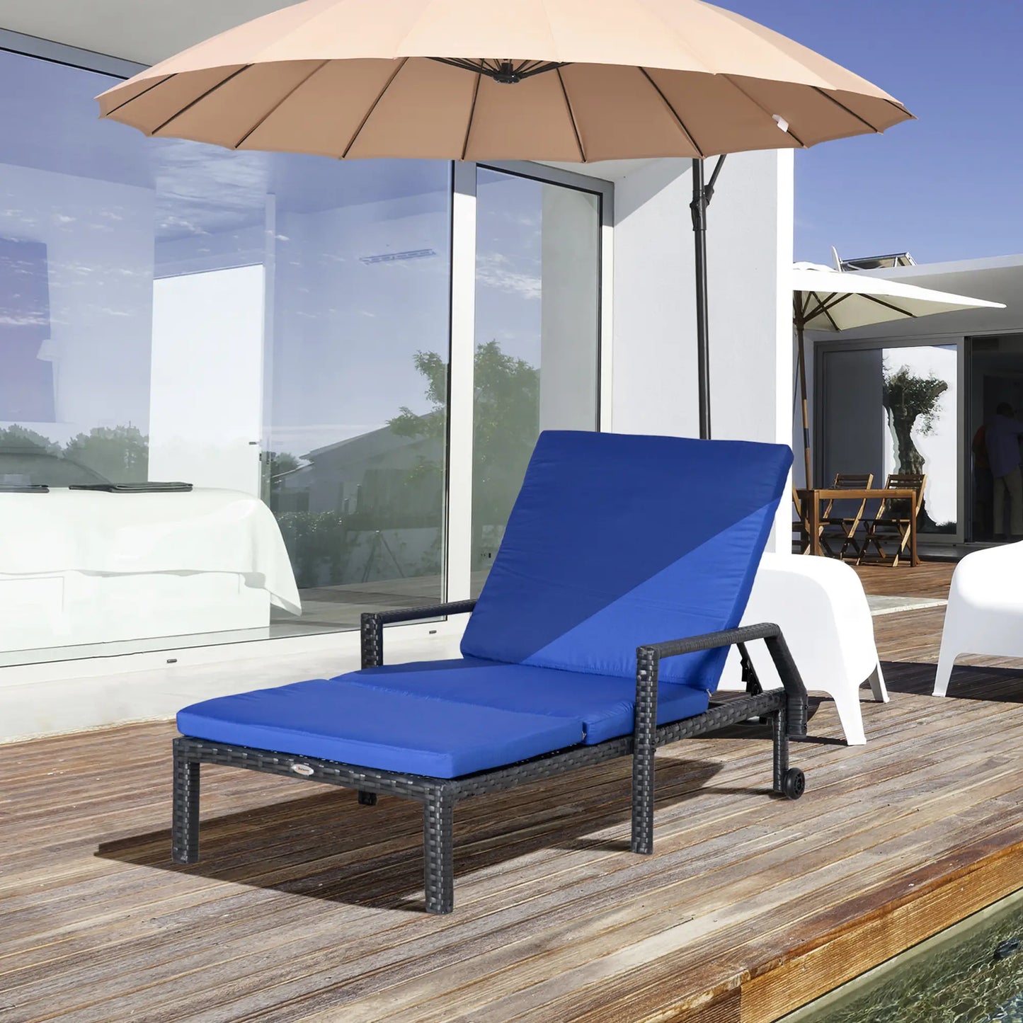 PE Rattan Chaise Lounger, Outdoor Recliner, 5-Level Backrest, 2 Wheels, Dark Blue Chaise Loungers at Gallery Canada