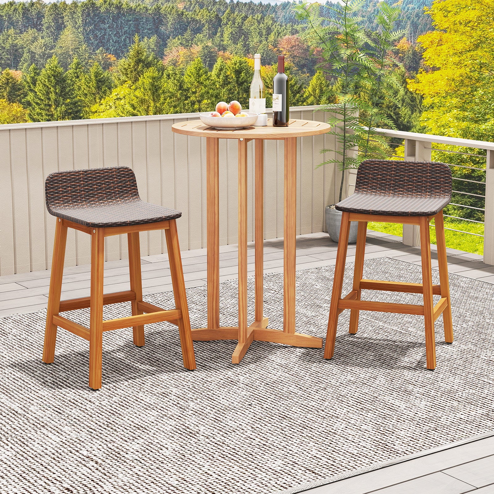 Solid Acacia Wood Bar Stools Set of 2 with Backrests and Footrests for Porch, Brown Patio Bar Furniture at Gallery Canada