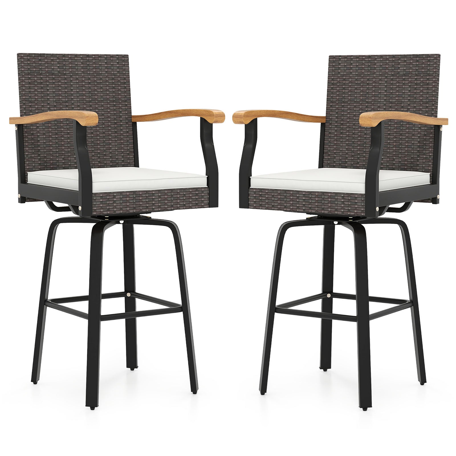 Set Of 2 Outdoor Swivel Bar Stools, With Cushion And Acacia Wood Armrests, Brown Patio Bar Furniture at Gallery Canada