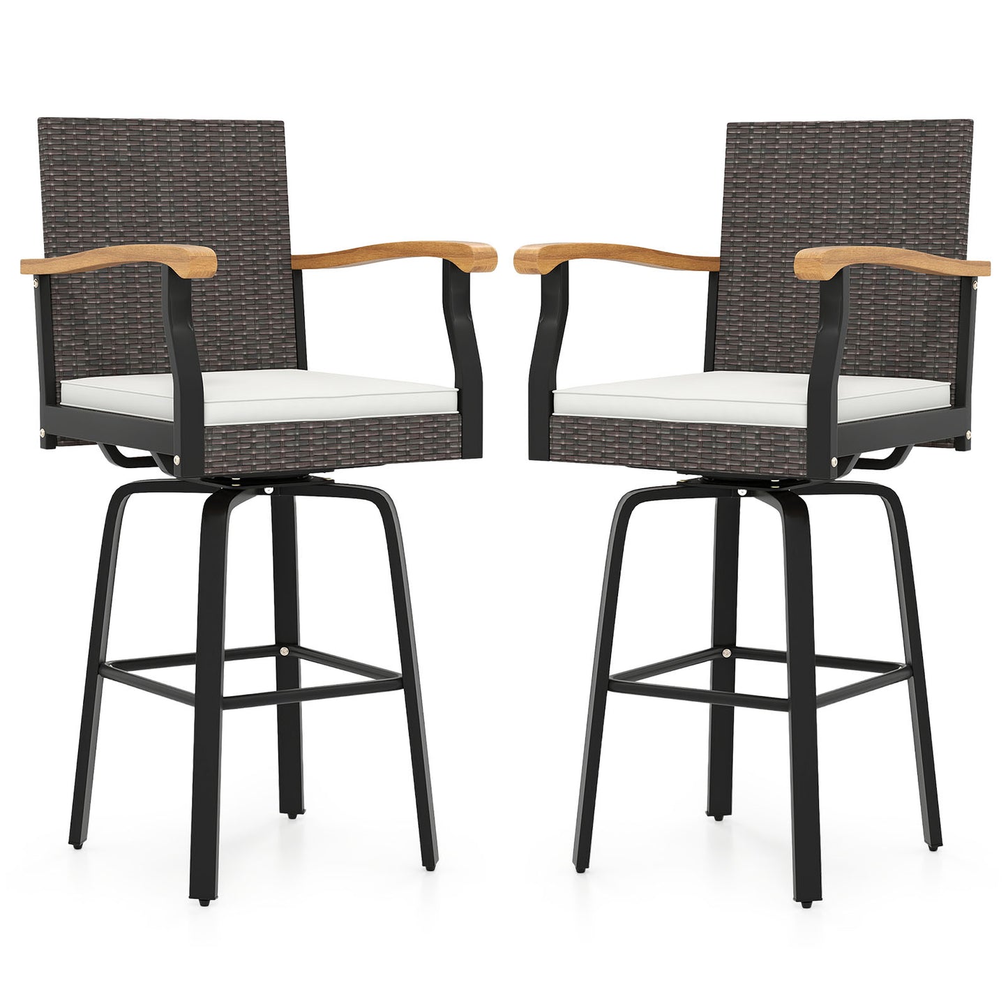 Set Of 2 Outdoor Swivel Bar Stools, With Cushion And Acacia Wood Armrests, Brown Patio Bar Furniture at Gallery Canada
