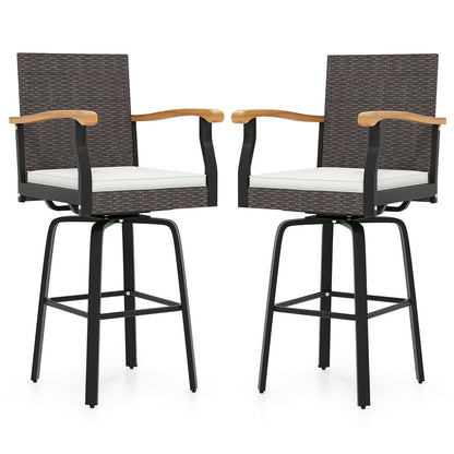 Set Of 2 Outdoor Swivel Bar Stools, With Cushion And Acacia Wood Armrests, Brown Patio Bar Furniture at Gallery Canada