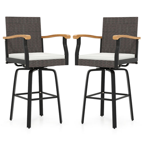 Set Of 2 Outdoor Swivel Bar Stools, With Cushion And Acacia Wood Armrests, Brown